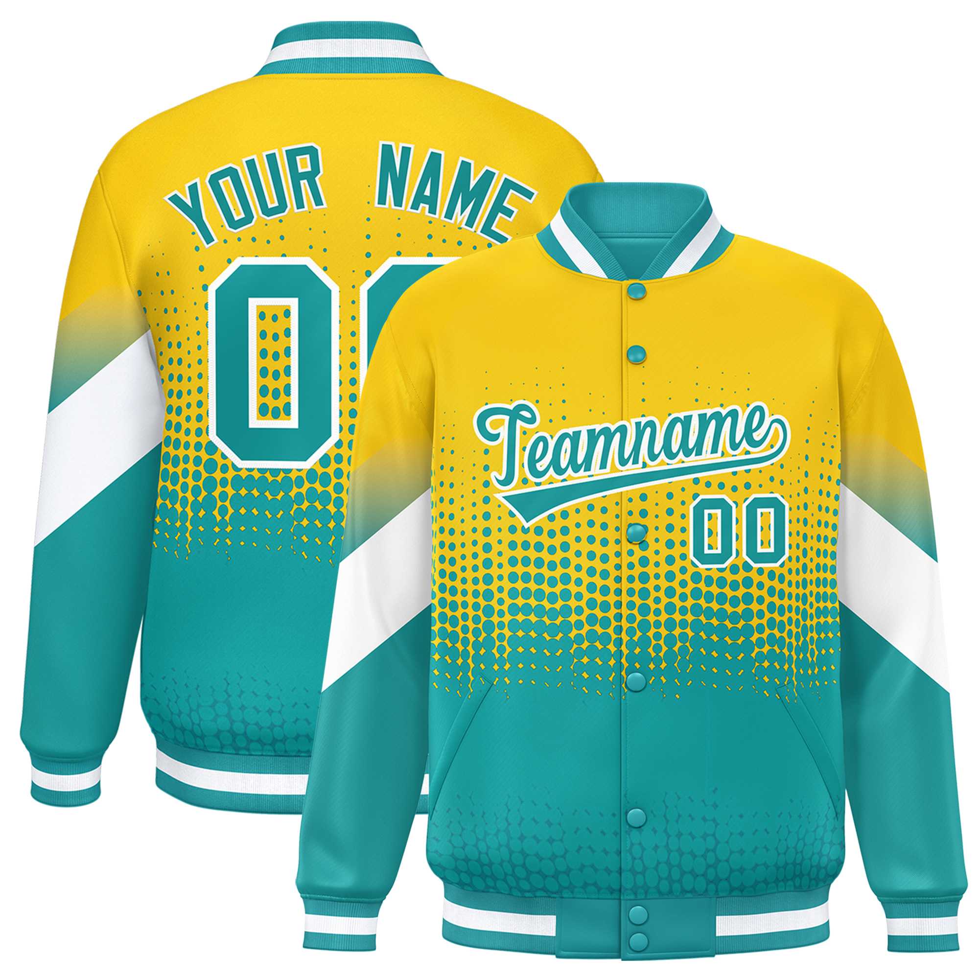 Custom Gold Aqua Gradient Varsity Full-Snap Polka Dot Pattern Letterman Baseball Jacket