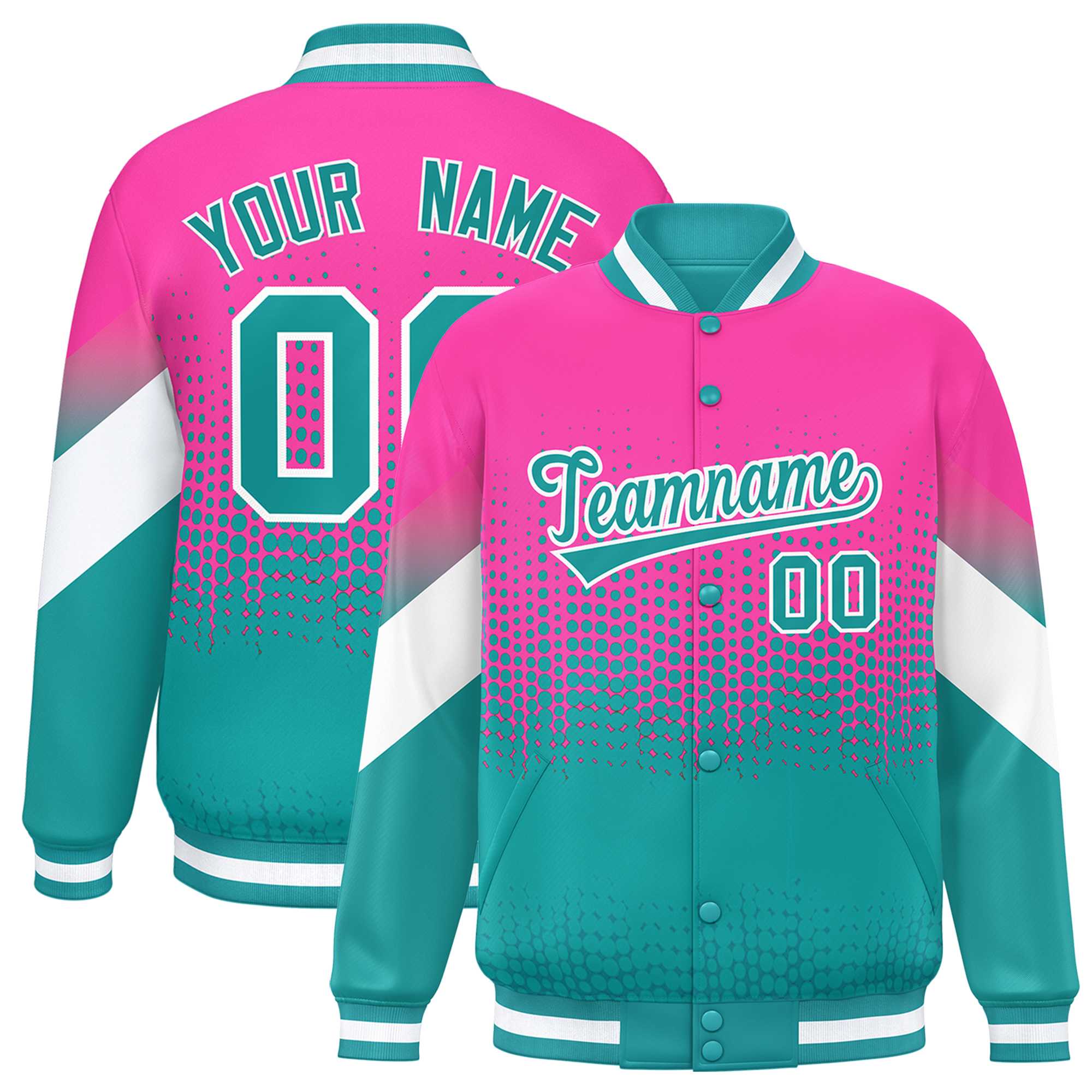 Custom Pink Aqua Gradient Varsity Full-Snap Polka Dot Pattern Letterman Baseball Jacket