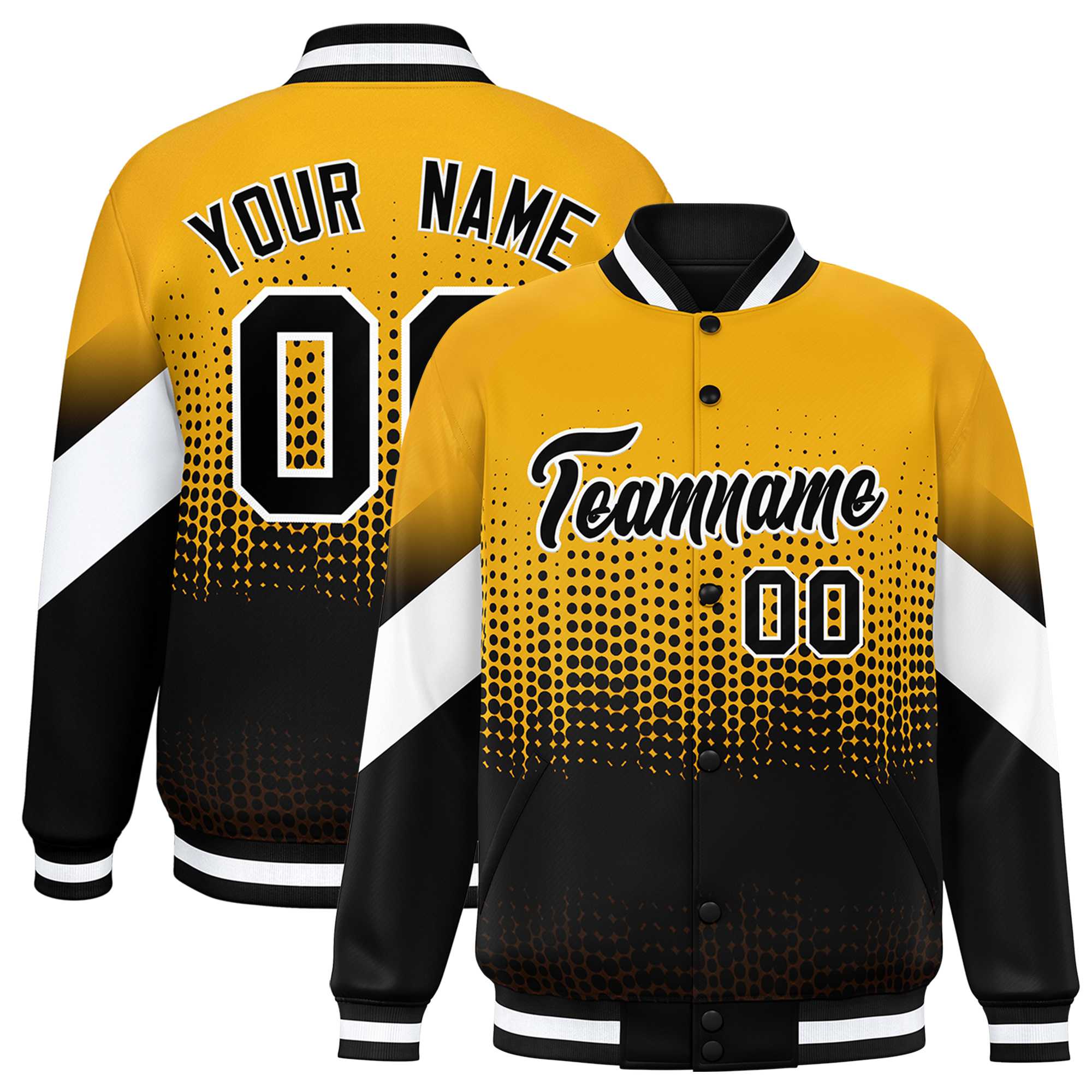 Custom Yellow Black Gradient Varsity Full-Snap Polka Dot Pattern Letterman Baseball Jacket