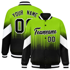 Custom Neon Green Black Gradient Varsity Full-Snap Polka Dot Pattern Letterman Baseball Jacket