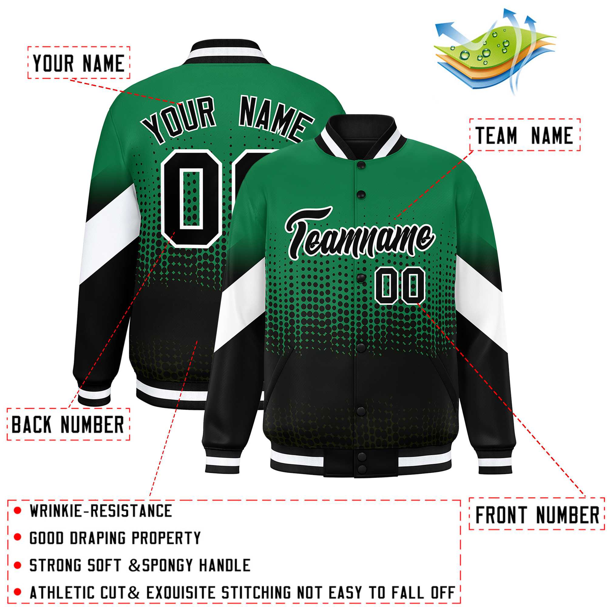 Custom Kelly Green Black Gradient Varsity Full-Snap Polka Dot Pattern Letterman Baseball Jacket