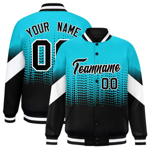 Custom Sky Blue Black Gradient Varsity Full-Snap Polka Dot Pattern Letterman Baseball Jacket