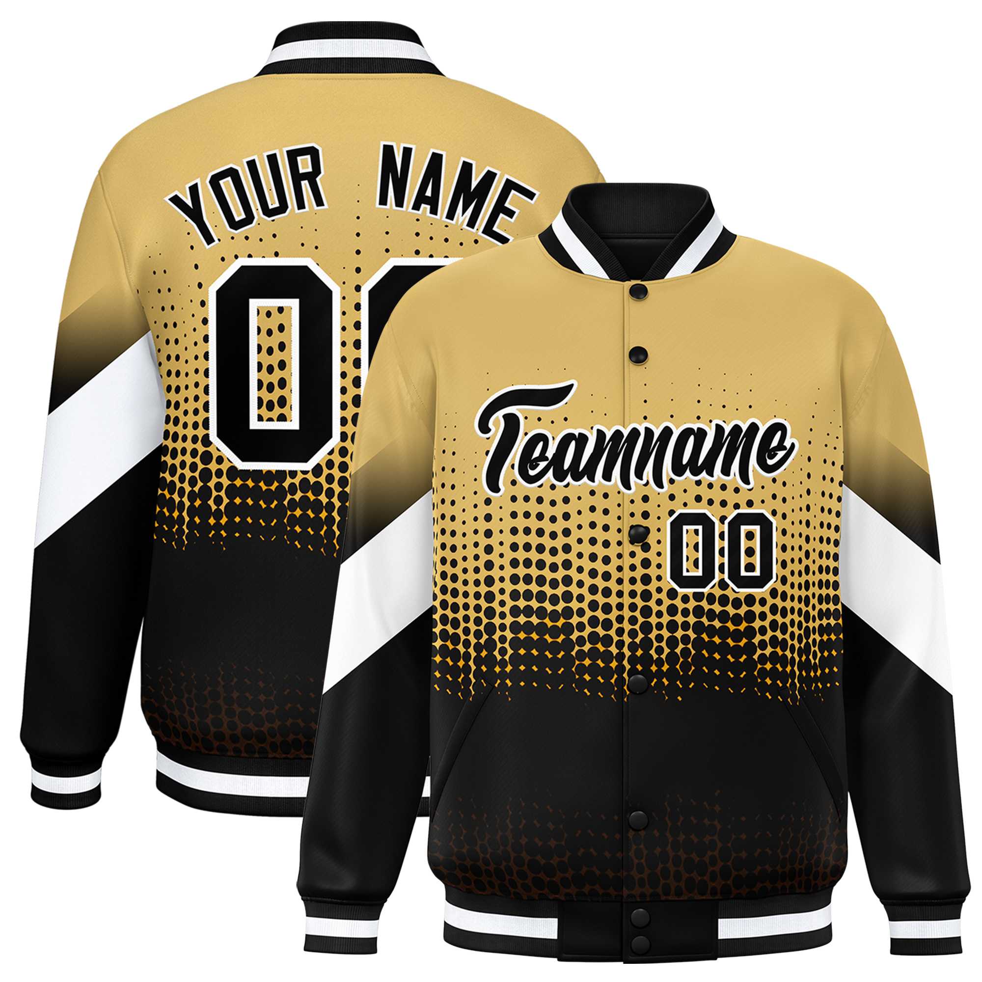 Custom Khaki Black Gradient Varsity Full-Snap Polka Dot Pattern Letterman Baseball Jacket