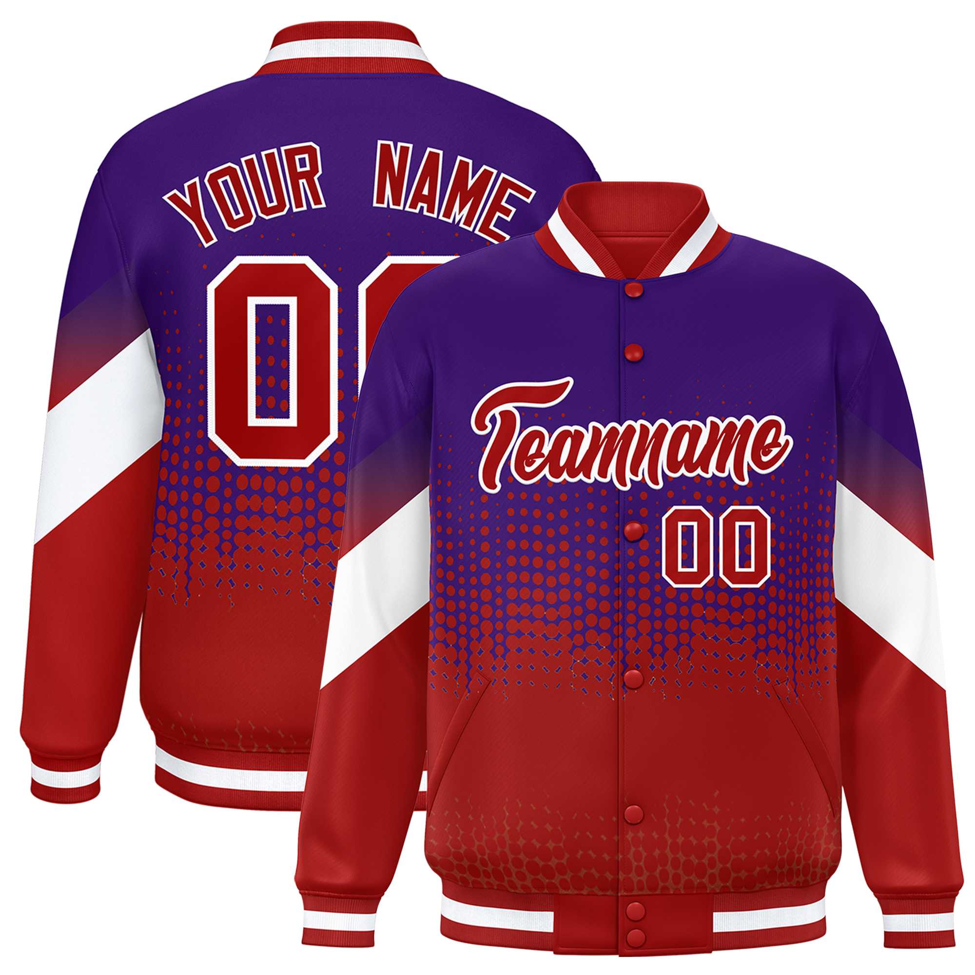 Custom Purple Red Gradient Varsity Full-Snap Polka Dot Pattern Letterman Baseball Jacket