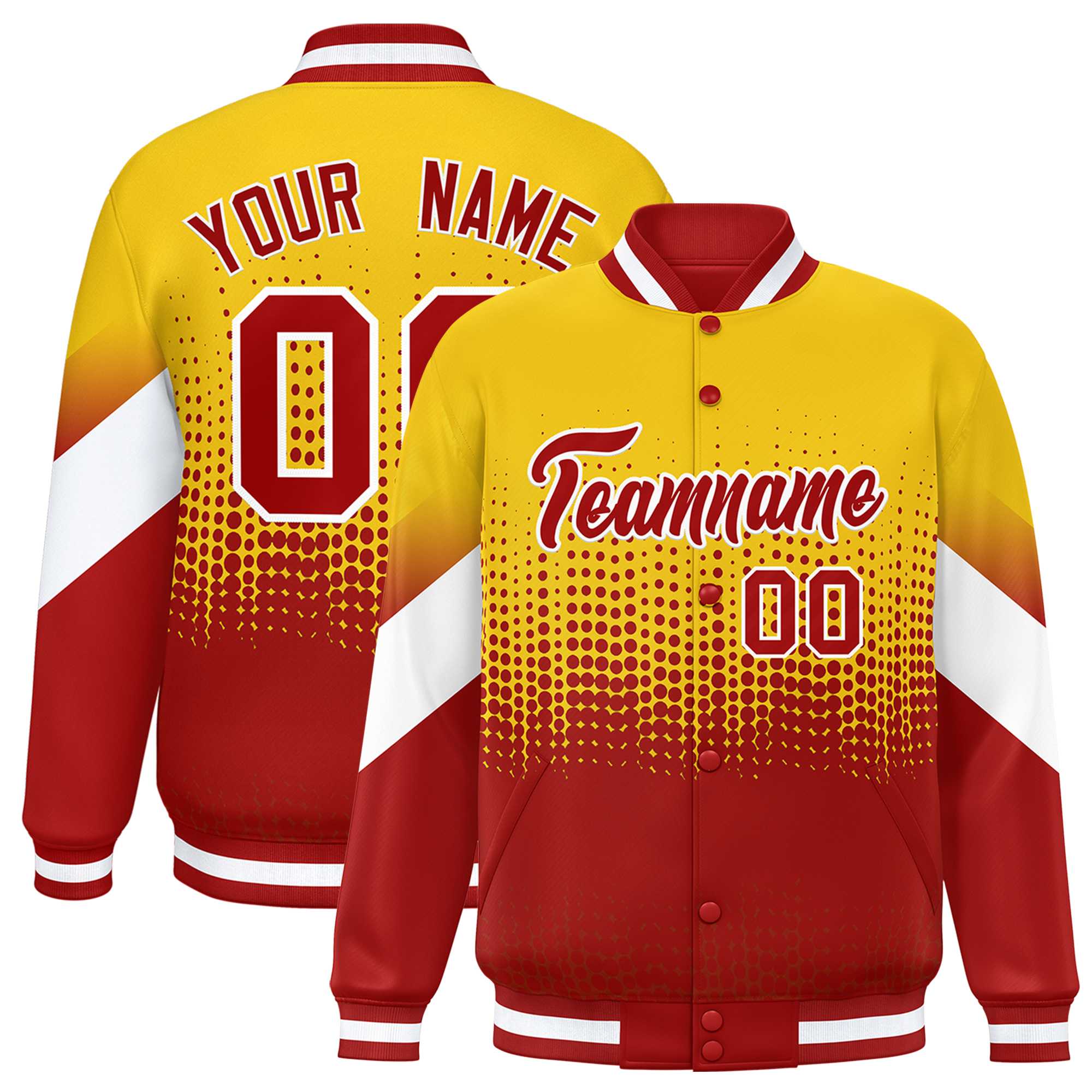 Custom Gold Red Gradient Varsity Full-Snap Polka Dot Pattern Letterman Baseball Jacket