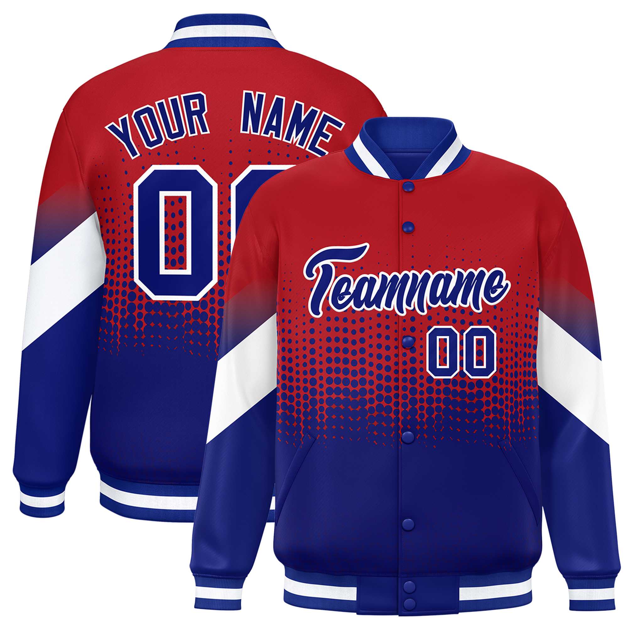 Custom Red Royal Gradient Varsity Full-Snap Polka Dot Pattern Letterman Baseball Jacket