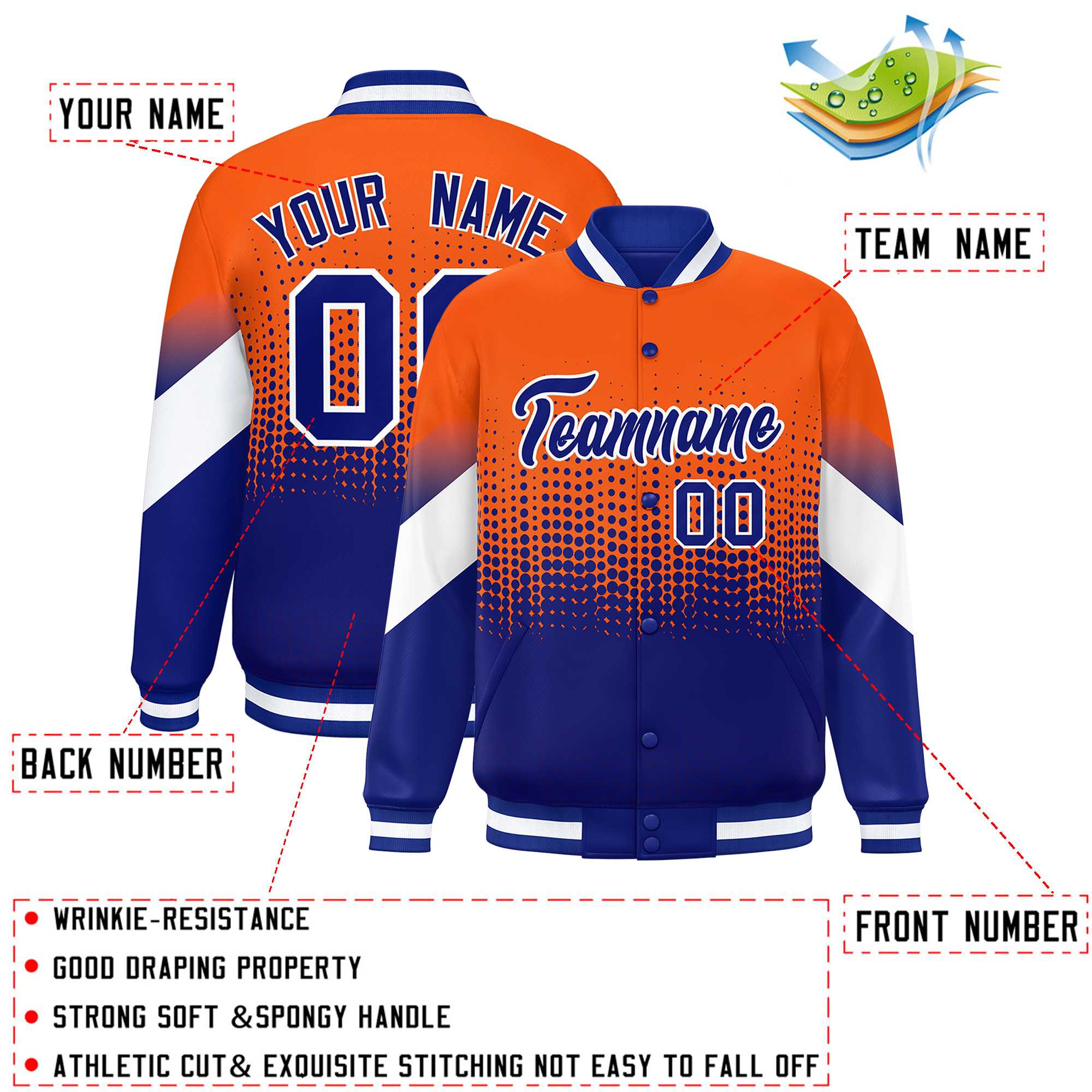 Custom Orange Royal Gradient Varsity Full-Snap Polka Dot Pattern Letterman Baseball Jacket