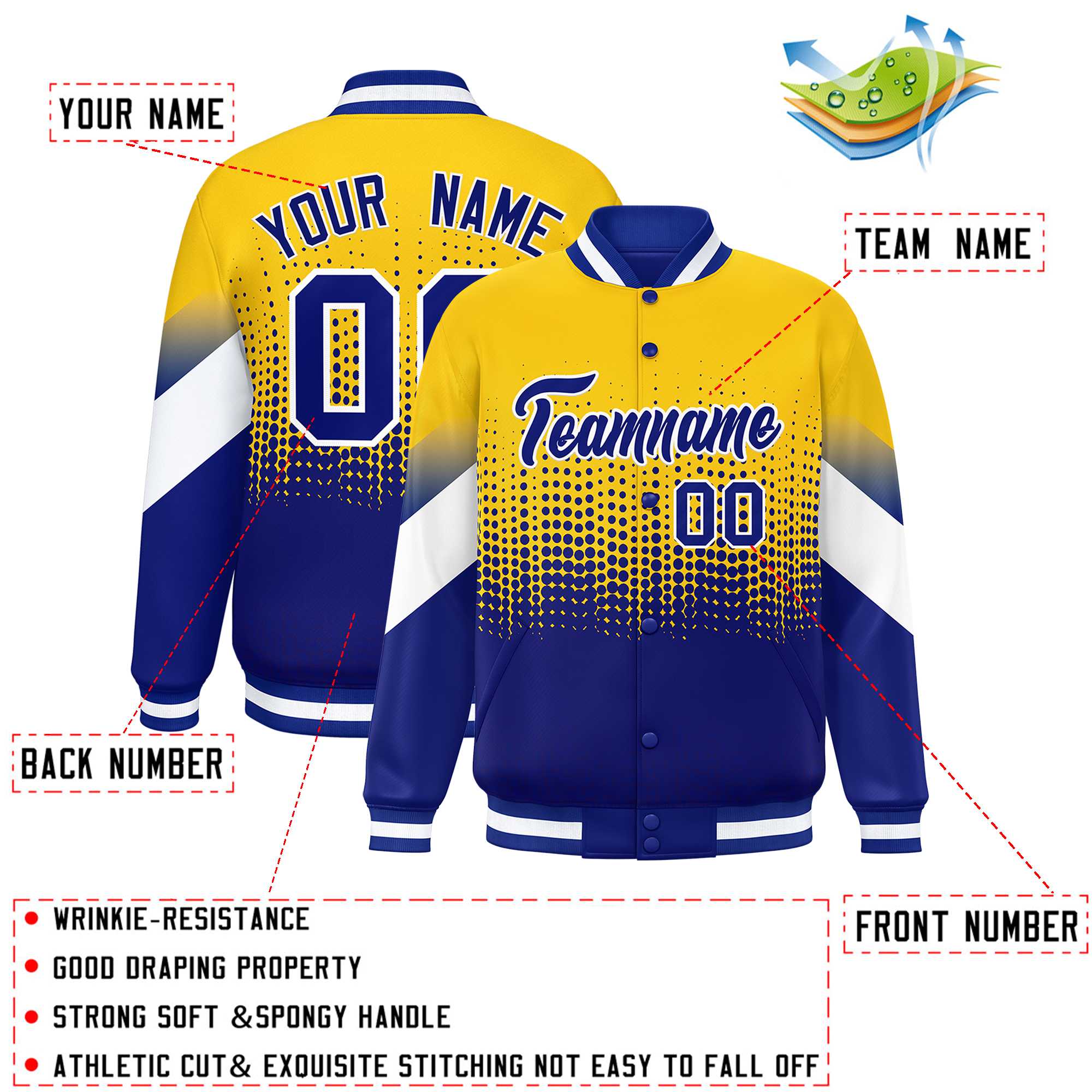 Custom Gold Royal Gradient Varsity Full-Snap Polka Dot Pattern Letterman Baseball Jacket