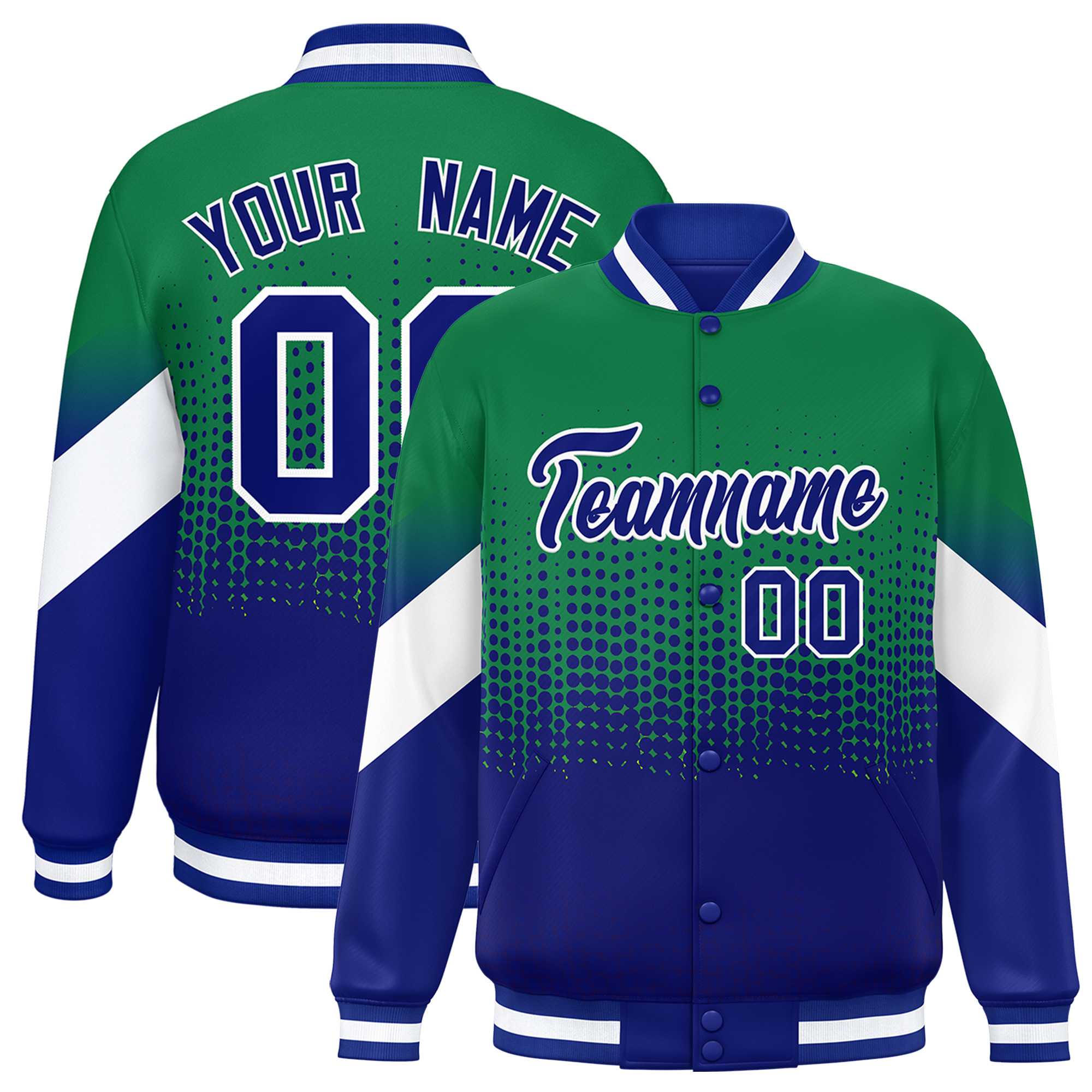 Custom Kelly Green Royal Gradient Varsity Full-Snap Polka Dot Pattern Letterman Baseball Jacket