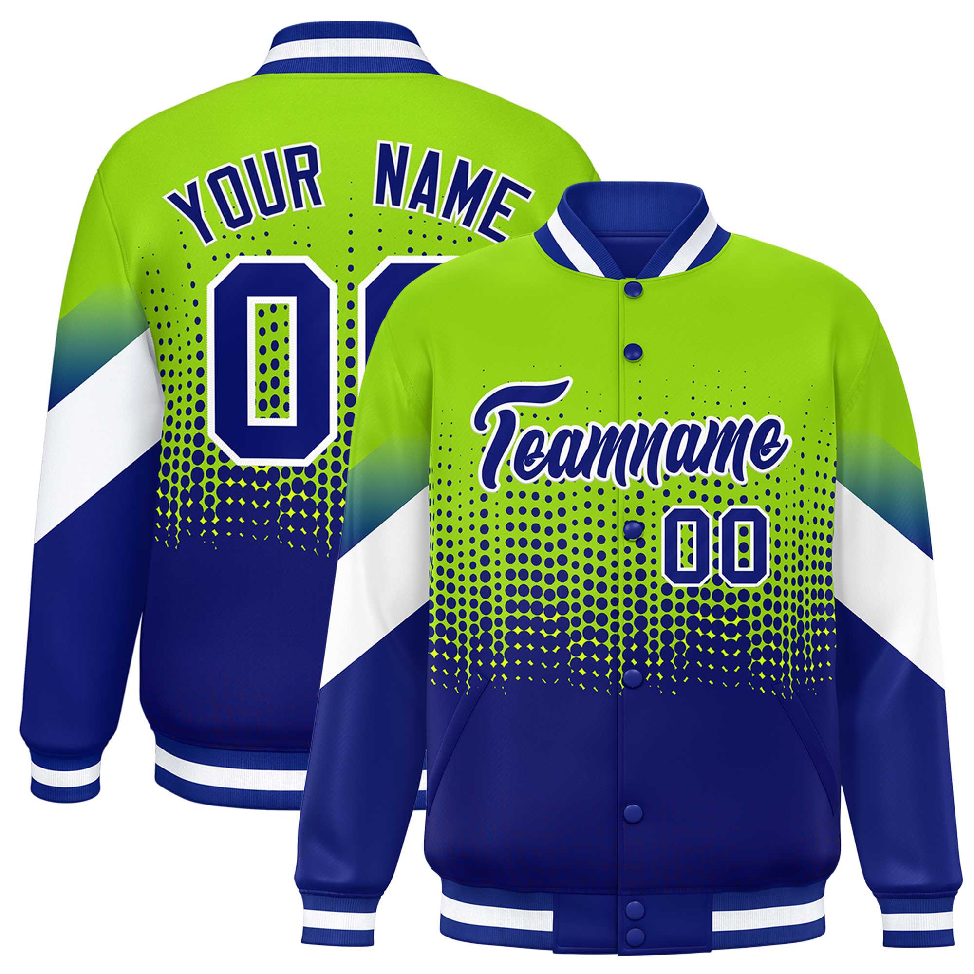 Custom Neon Green Royal Gradient Varsity Full-Snap Polka Dot Pattern Letterman Baseball Jacket