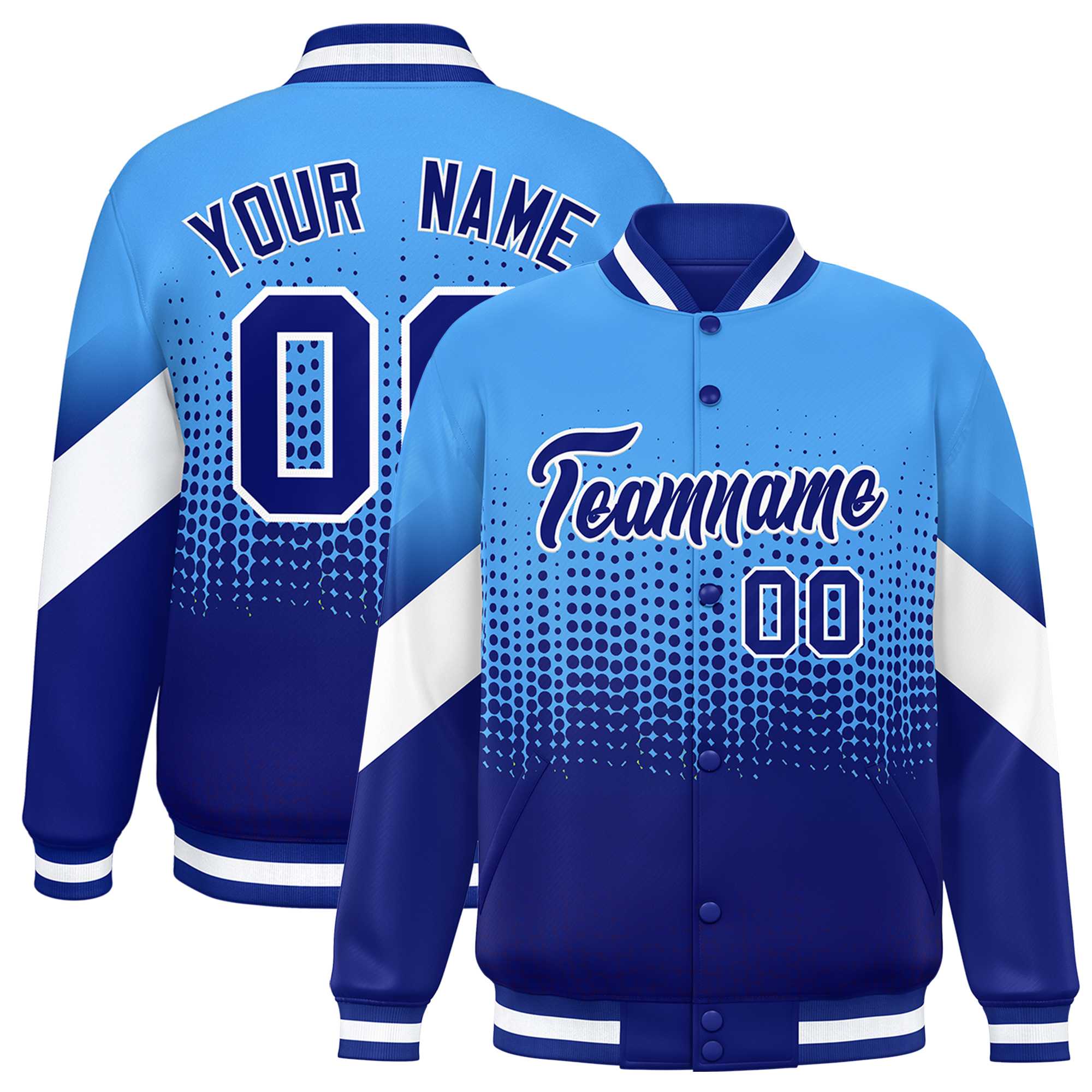 Custom Powder Blue Royal Gradient Varsity Full-Snap Polka Dot Pattern Letterman Baseball Jacket