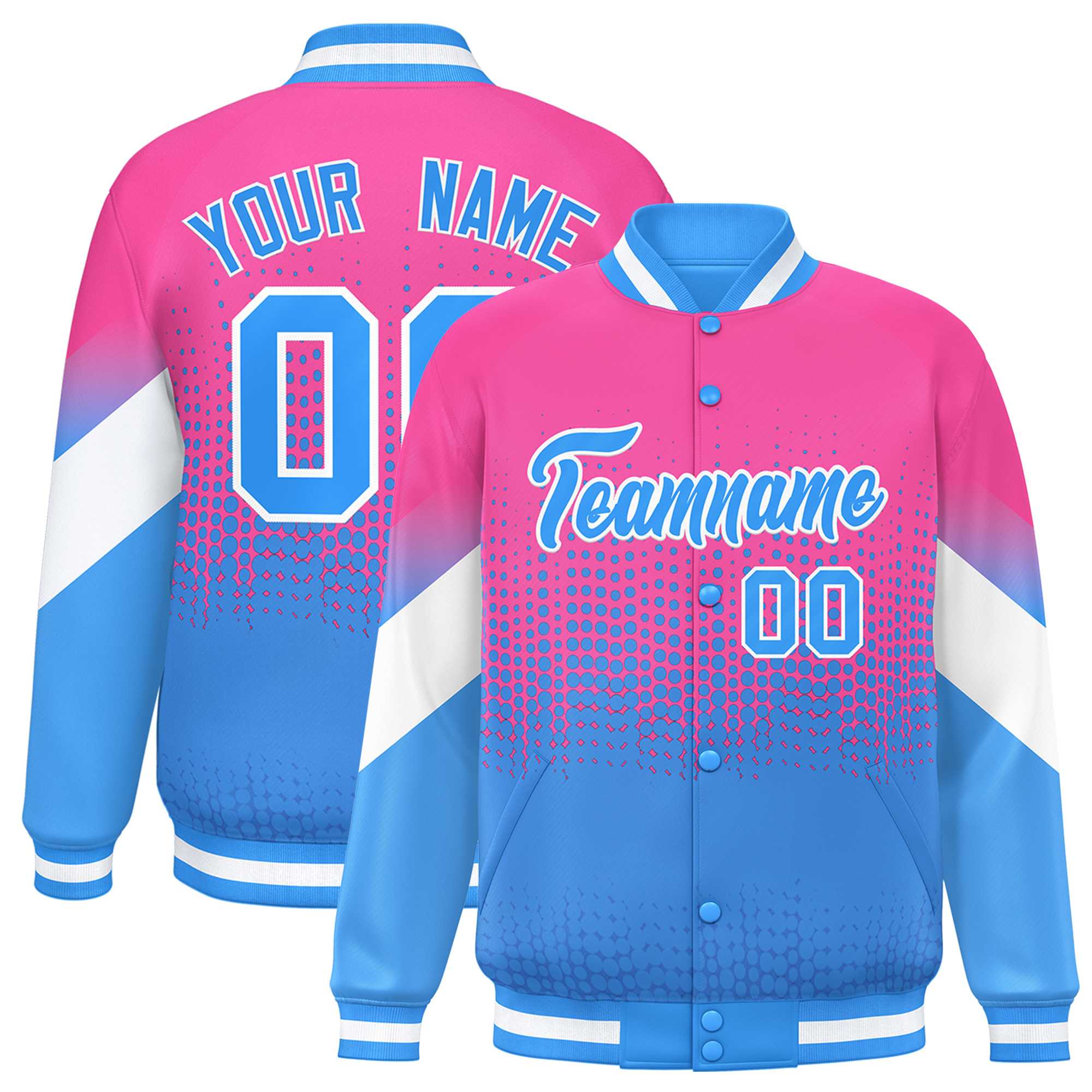 Custom Pink Powder Blue Gradient Varsity Full-Snap Polka Dot Pattern Letterman Baseball Jacket