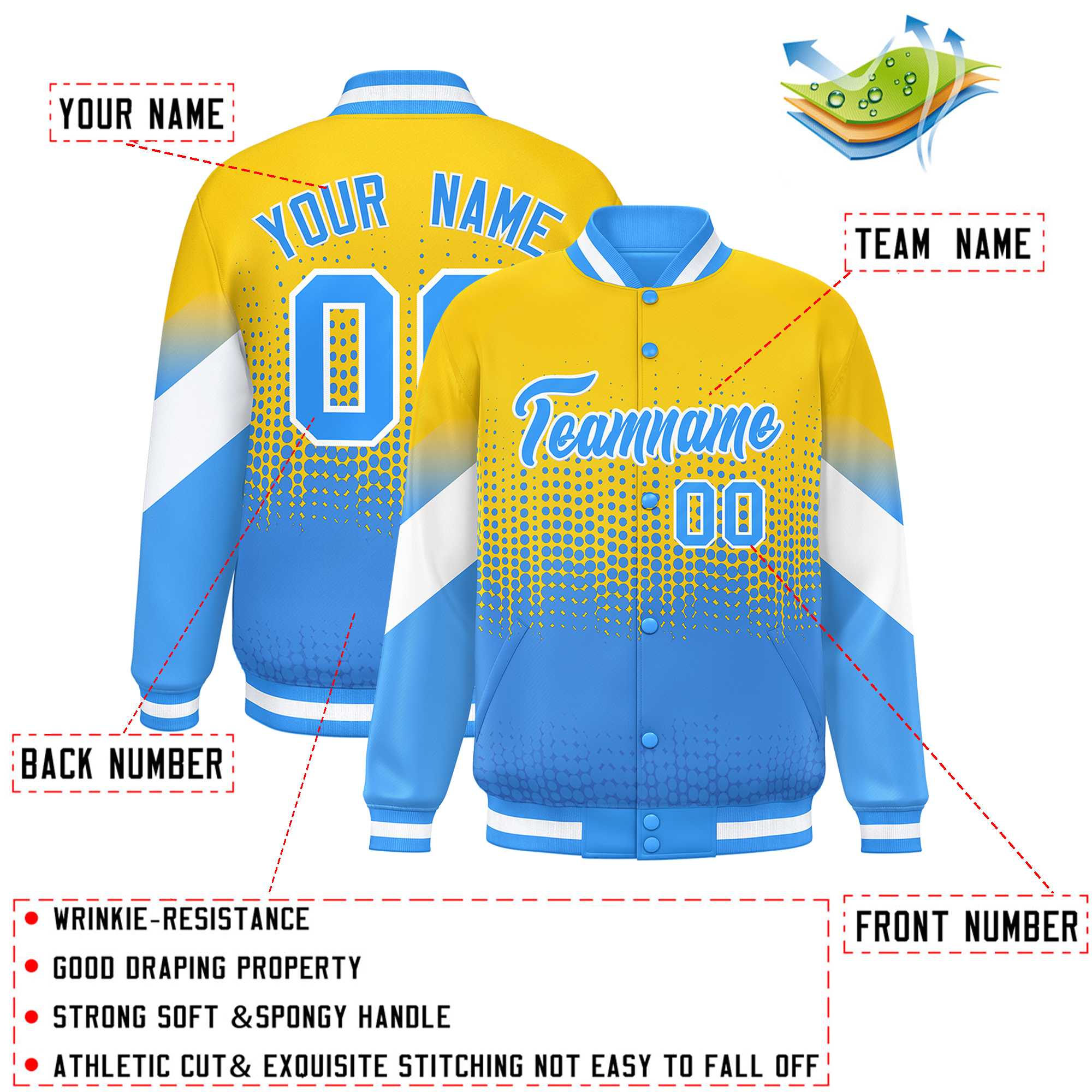 Custom Gold Powder Blue Gradient Varsity Full-Snap Polka Dot Pattern Letterman Baseball Jacket