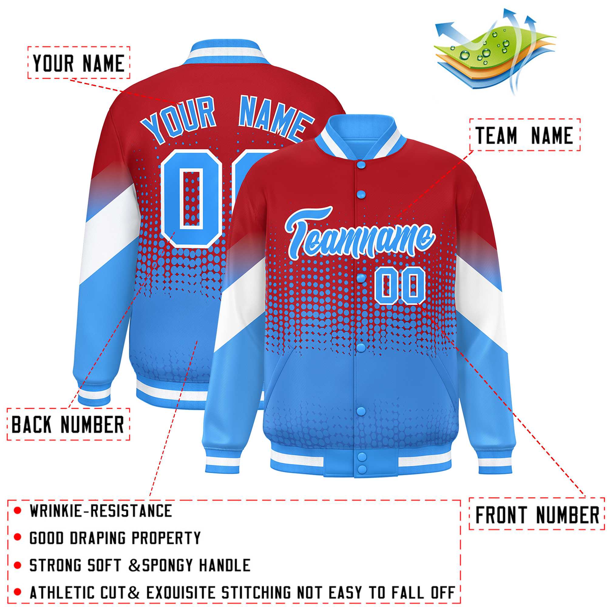 Custom Red Powder Blue Gradient Varsity Full-Snap Polka Dot Pattern Letterman Baseball Jacket