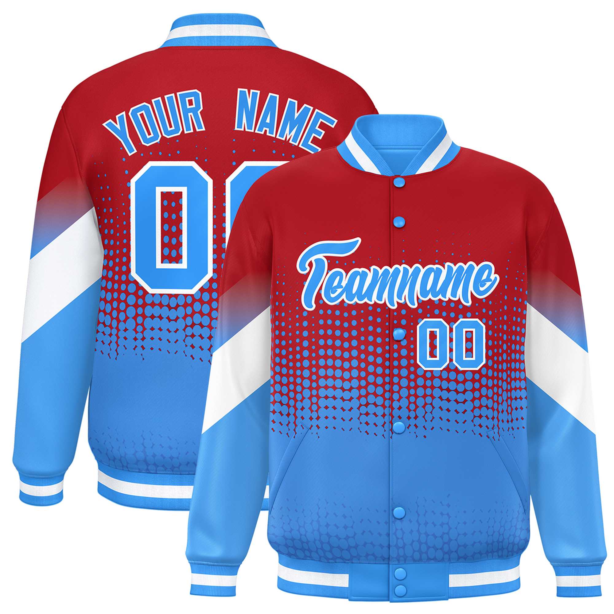 Custom Red Powder Blue Gradient Varsity Full-Snap Polka Dot Pattern Letterman Baseball Jacket