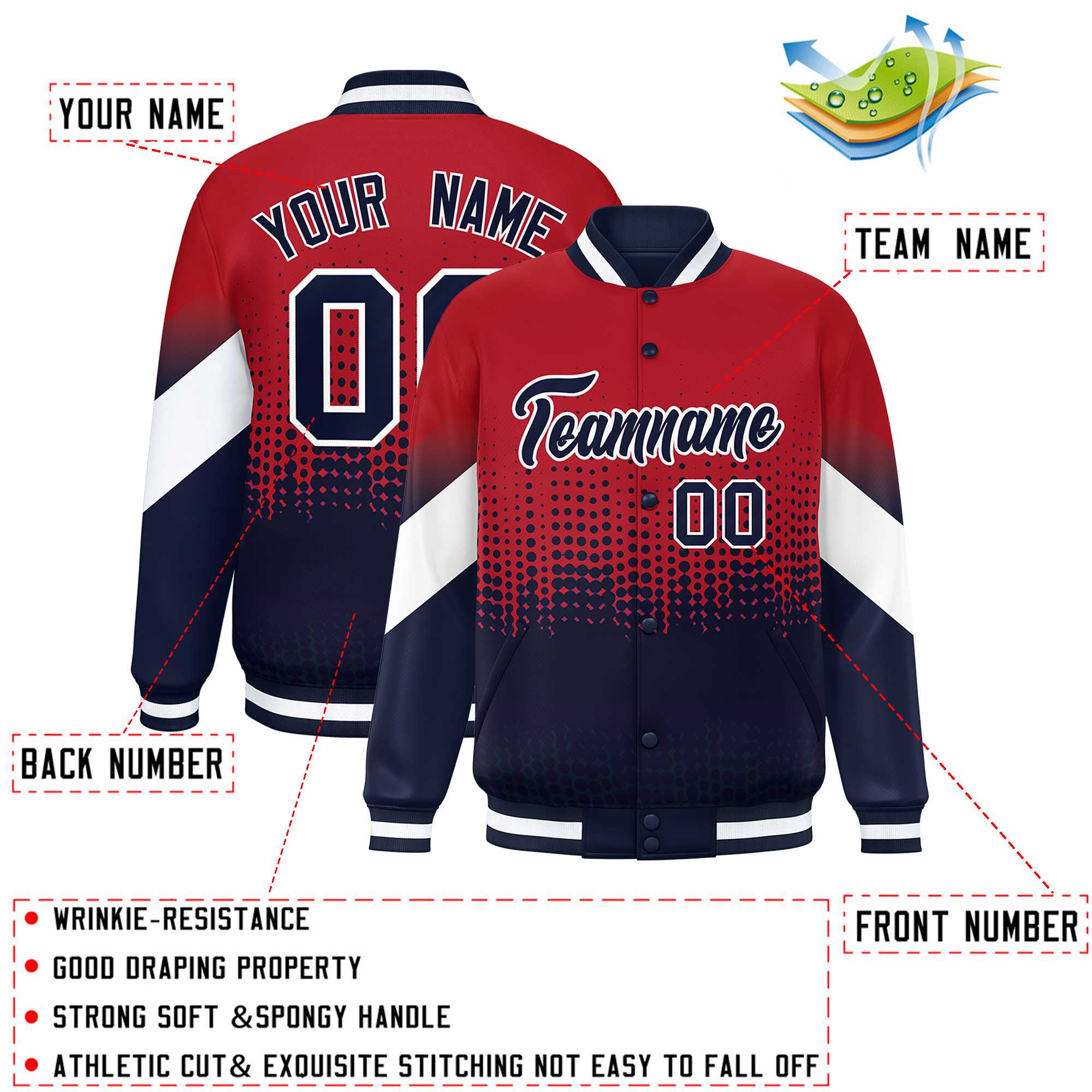 Custom Red Navy Gradient Varsity Full-Snap Polka Dot Pattern Letterman Baseball Jacket