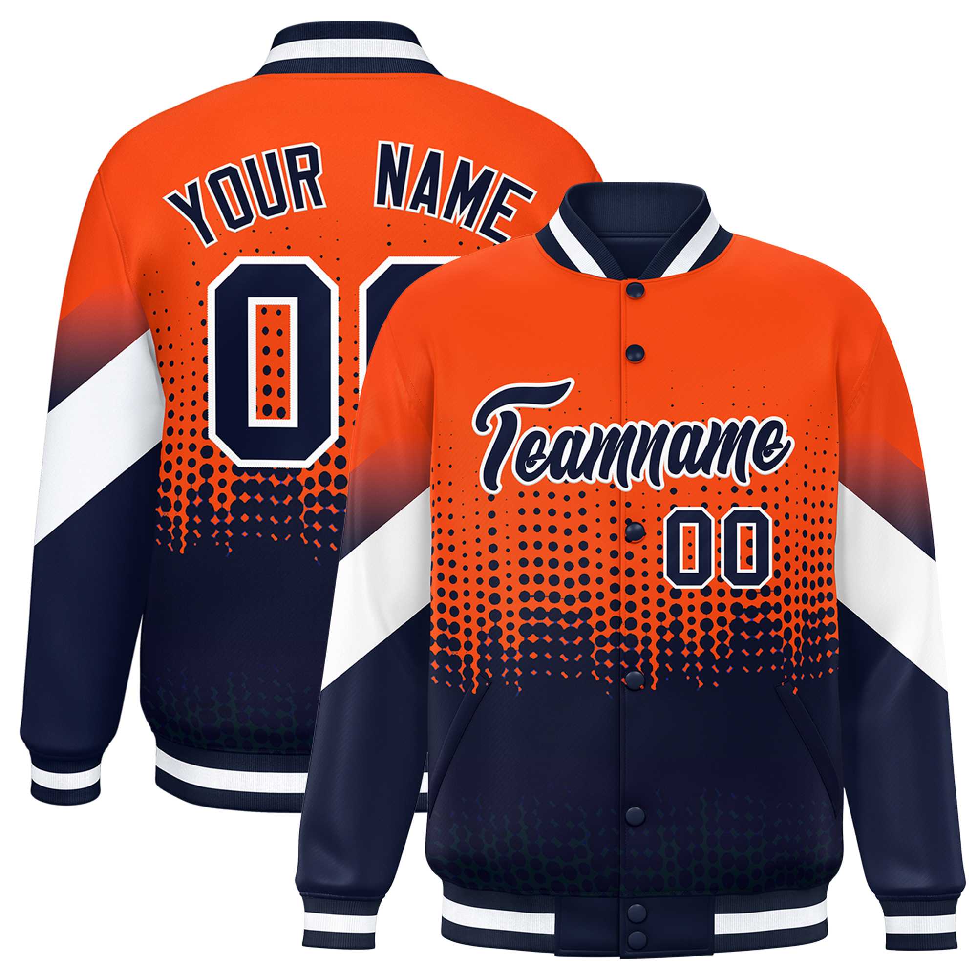 Custom Orange Navy Gradient Varsity Full-Snap Polka Dot Pattern Letterman Baseball Jacket