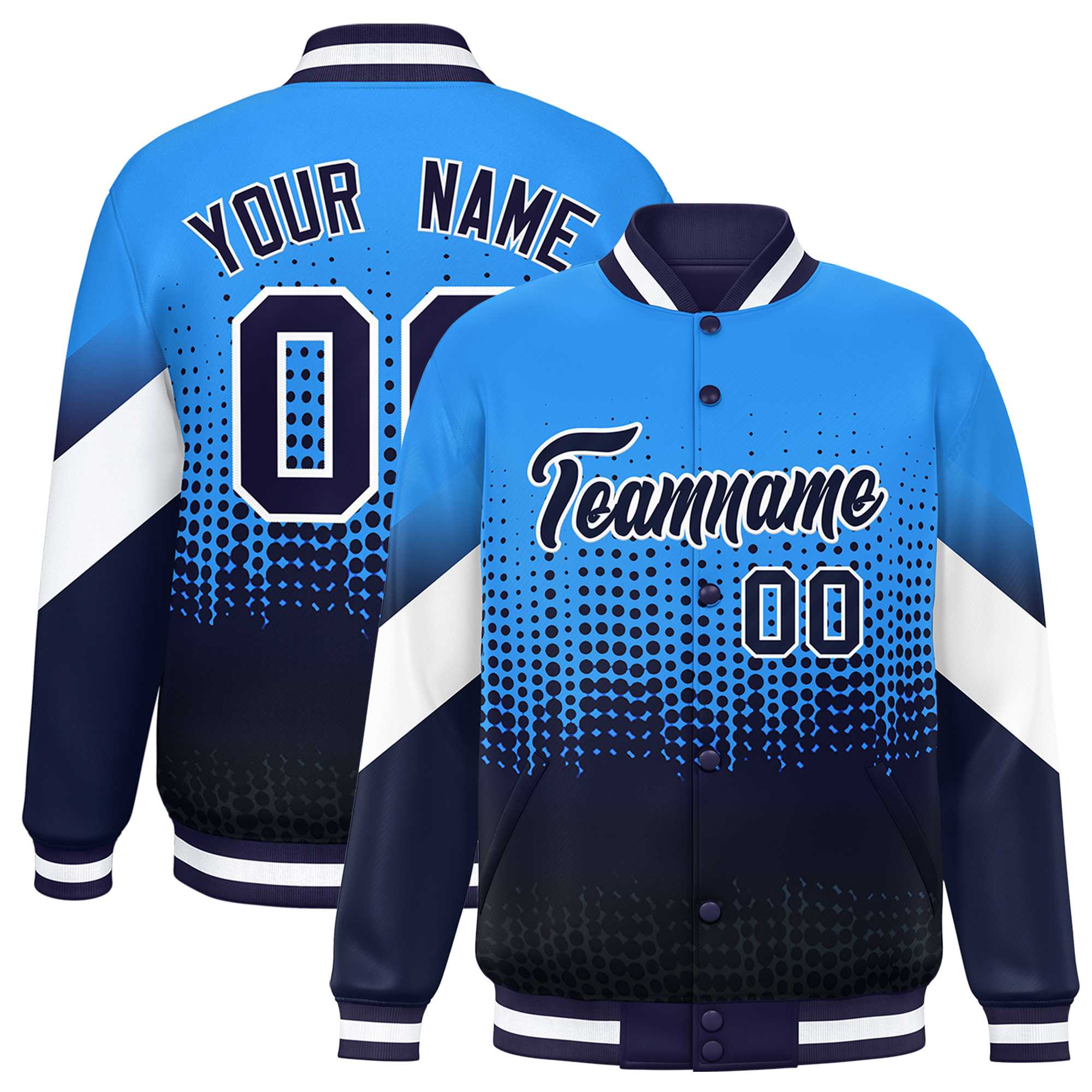 Custom Powder Blue Navy Gradient Varsity Full-Snap Polka Dot Pattern Letterman Baseball Jacket