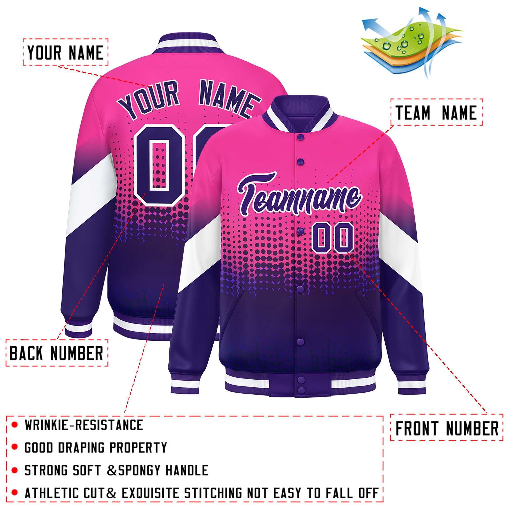 Custom Pink Purple Gradient Varsity Full-Snap Polka Dot Pattern Letterman Baseball Jacket