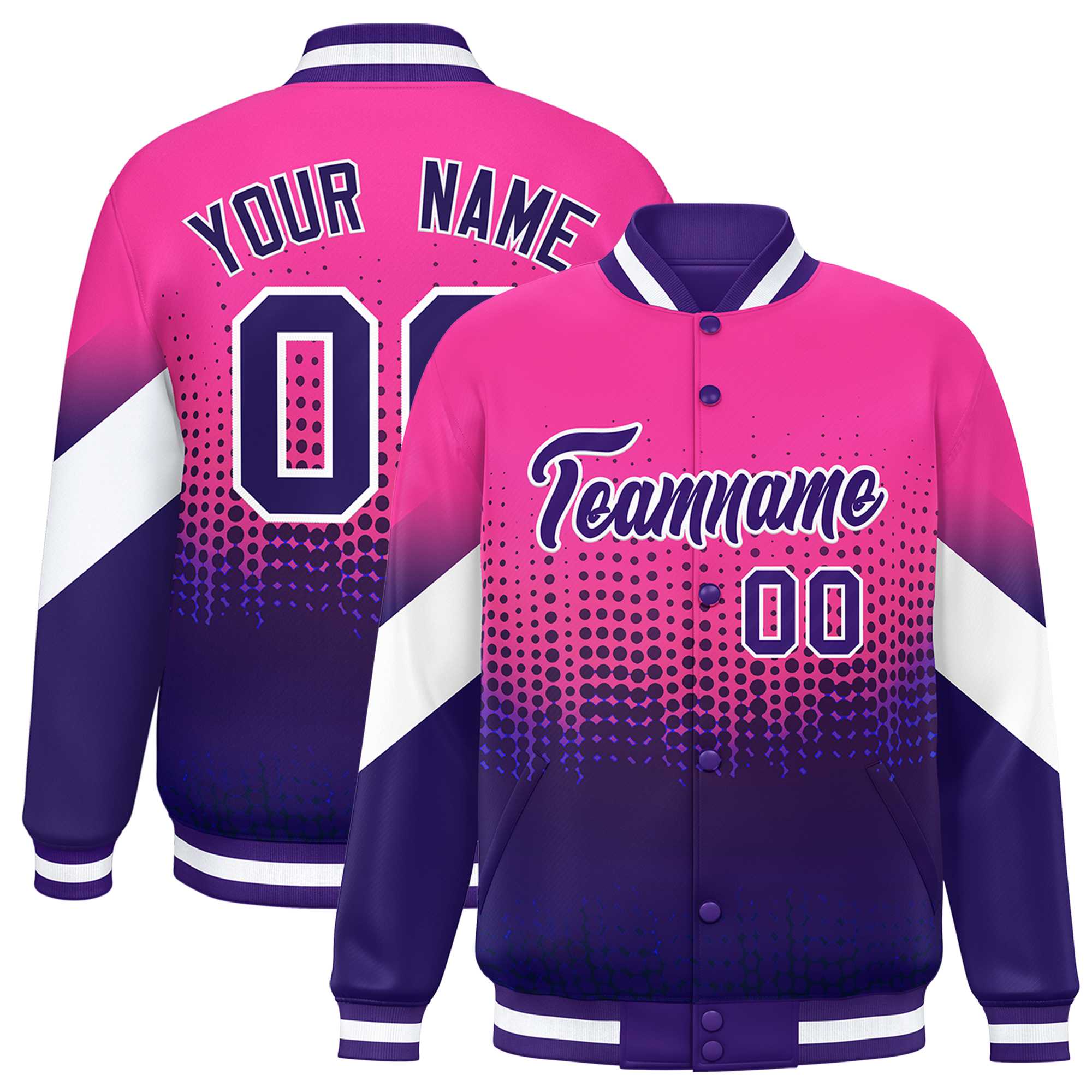 Custom Pink Purple Gradient Varsity Full-Snap Polka Dot Pattern Letterman Baseball Jacket