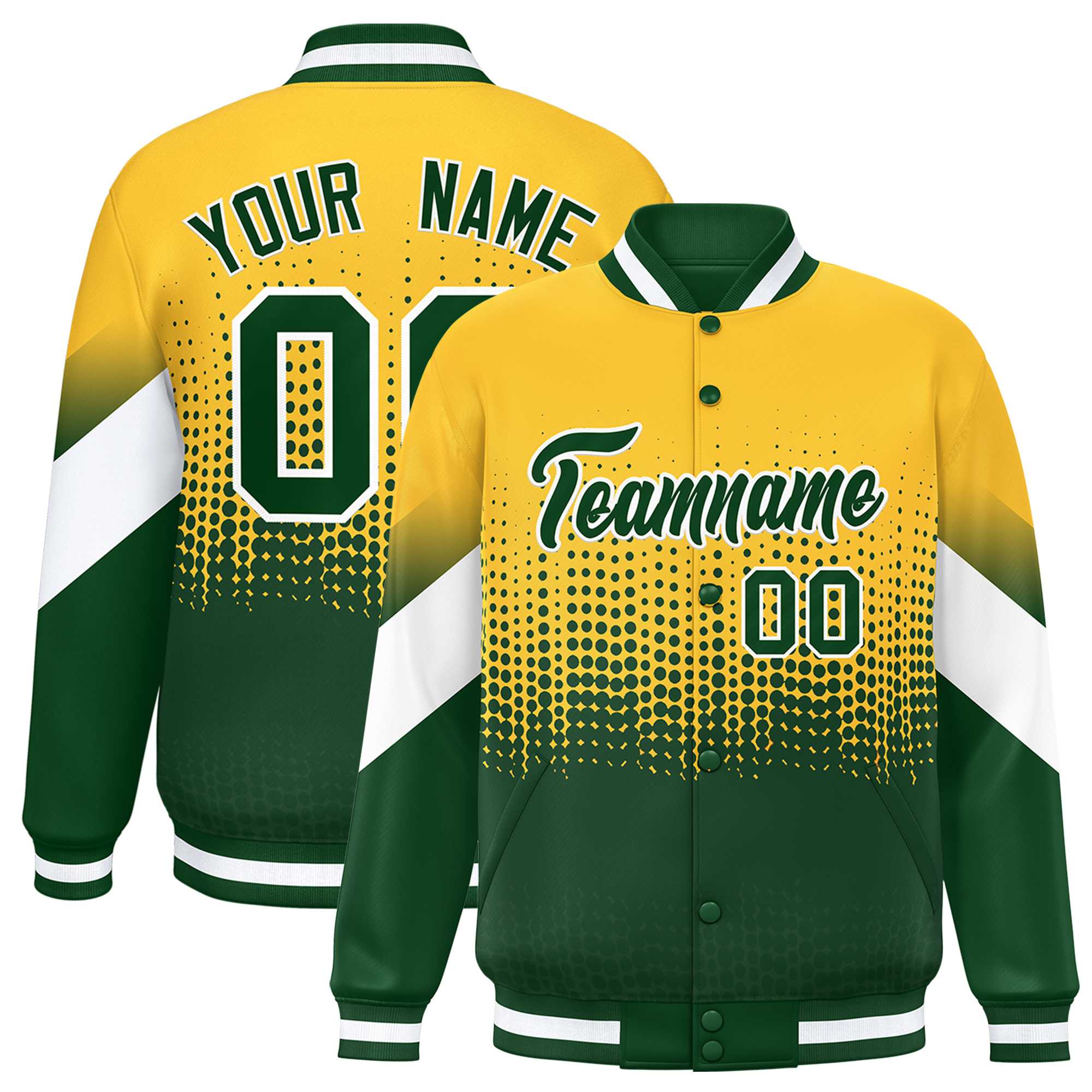 Custom Gold Green Gradient Varsity Full-Snap Polka Dot Pattern Letterman Baseball Jacket