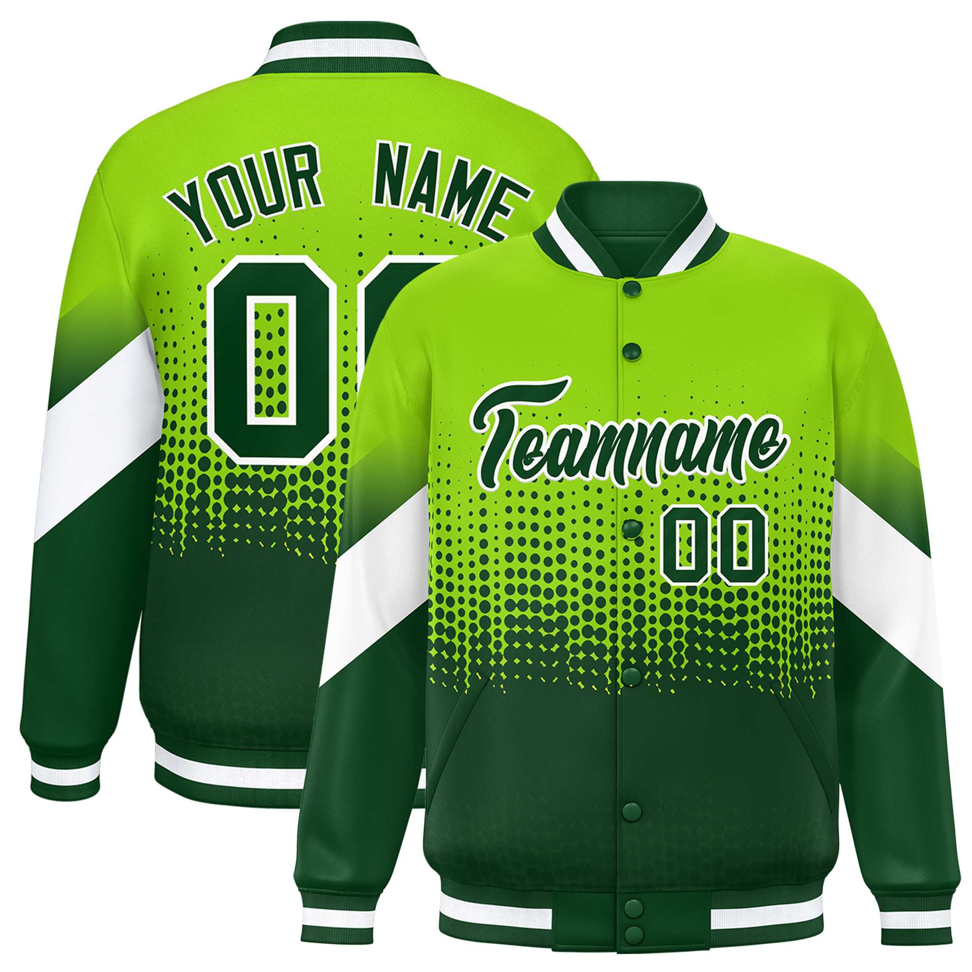 Custom Neon Green Green Gradient Varsity Full-Snap Polka Dot Pattern Letterman Baseball Jacket