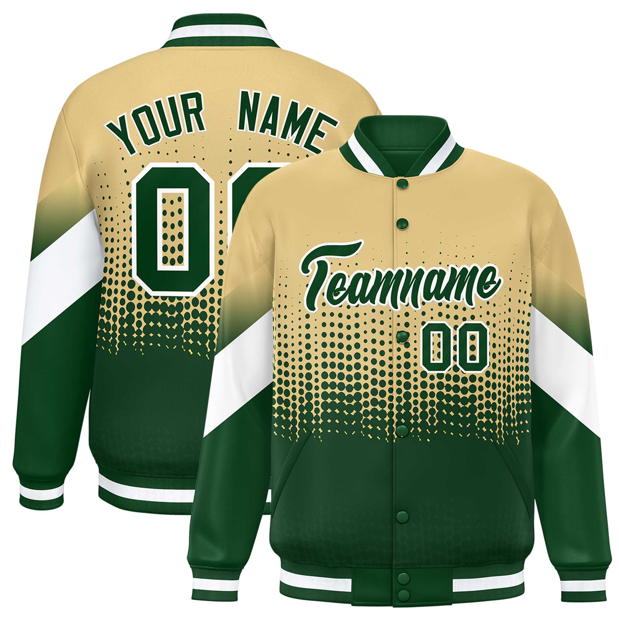 Custom Khaki Green Gradient Varsity Full-Snap Polka Dot Pattern Letterman Baseball Jacket