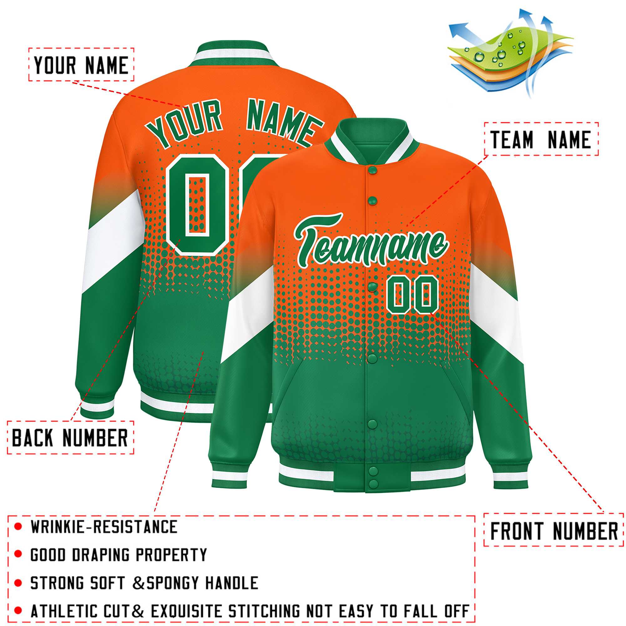 Custom Orange Kelly Green Gradient Varsity Full-Snap Polka Dot Pattern Letterman Baseball Jacket