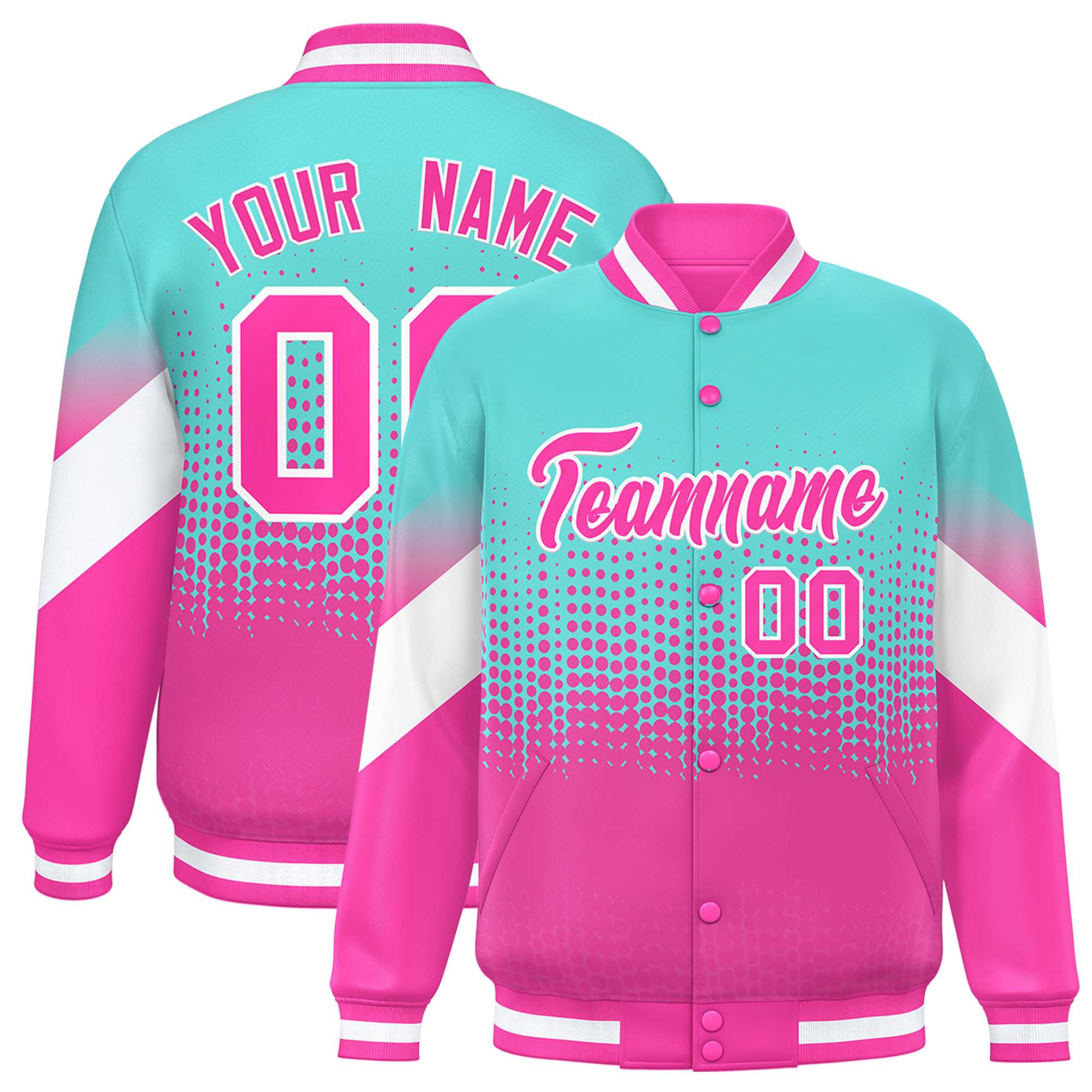 Custom Bright Green Pink Gradient Varsity Full-Snap Polka Dot Pattern Letterman Baseball Jacket