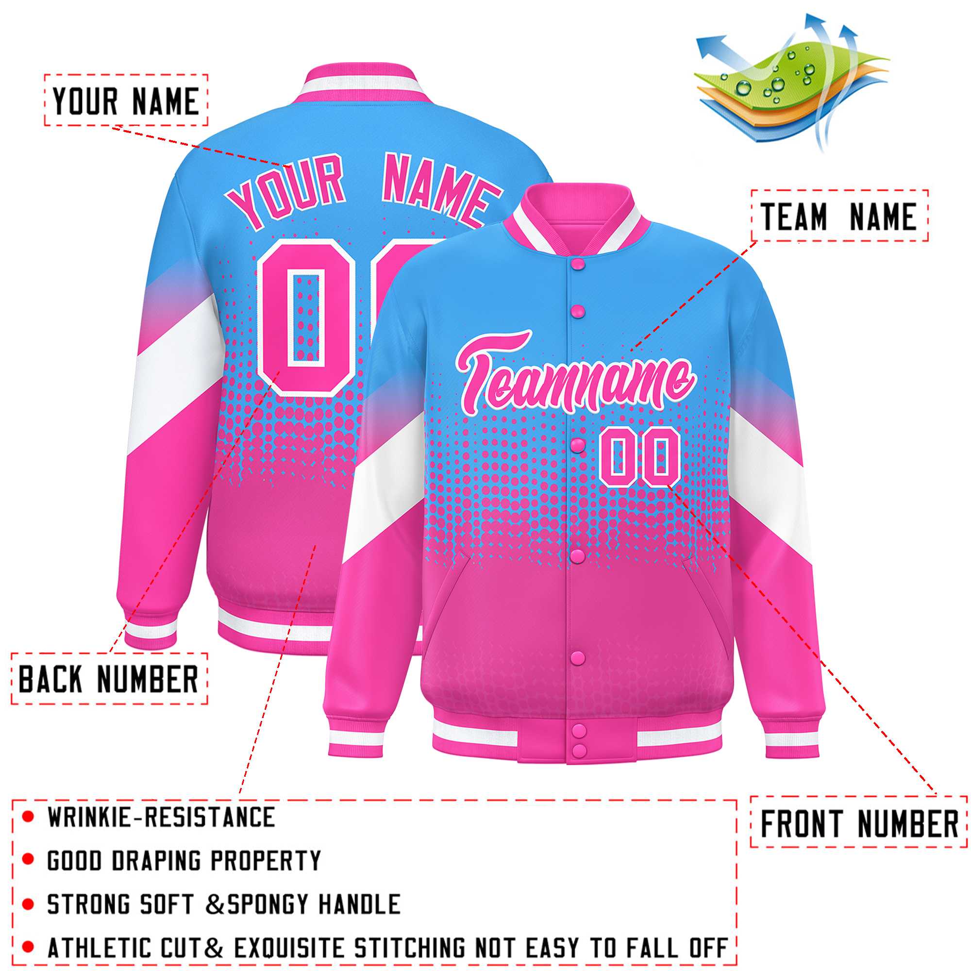 Custom Powder Blue Pink Gradient Varsity Full-Snap Polka Dot Pattern Letterman Baseball Jacket