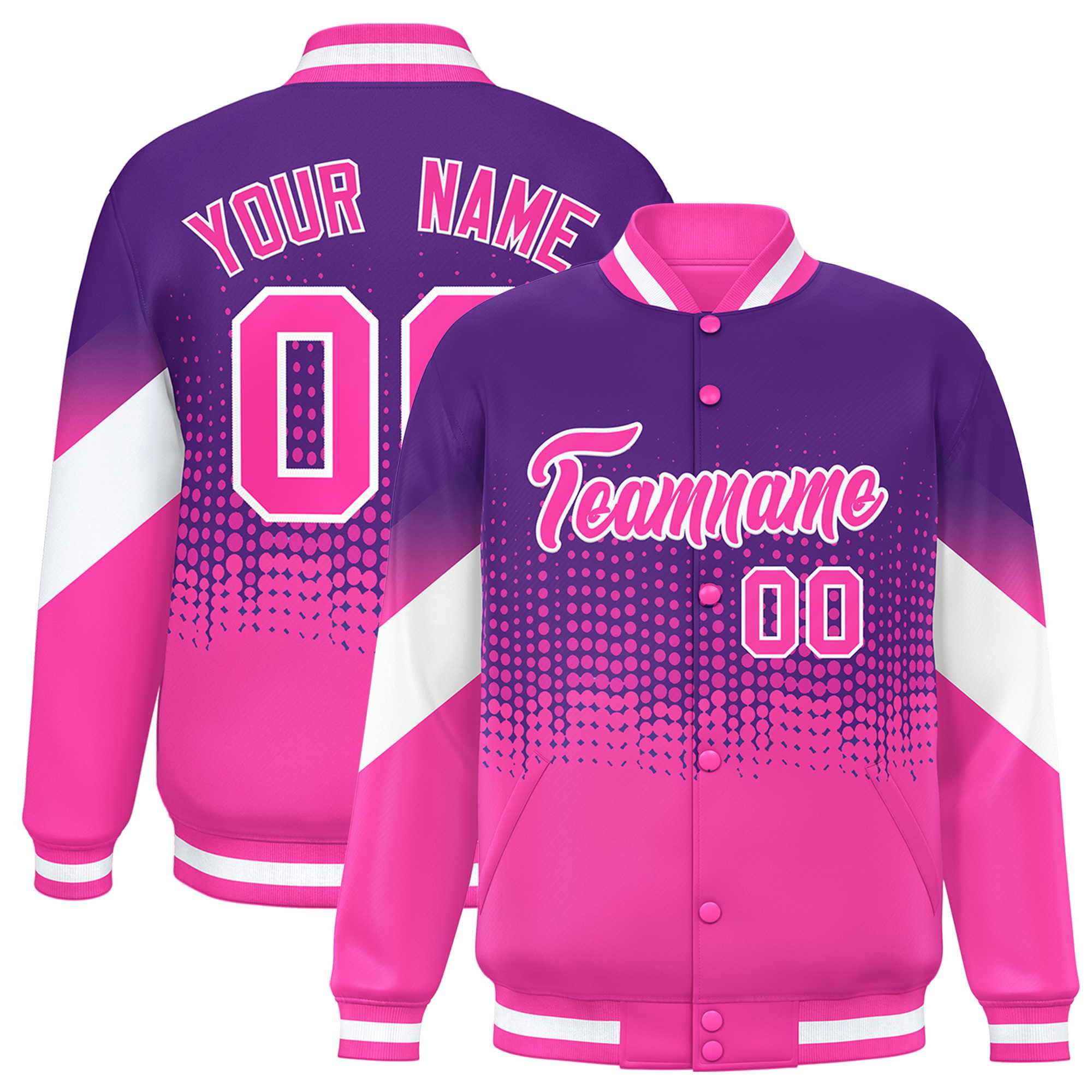 Custom Purple Pink Gradient Varsity Full-Snap Polka Dot Pattern Letterman Baseball Jacket