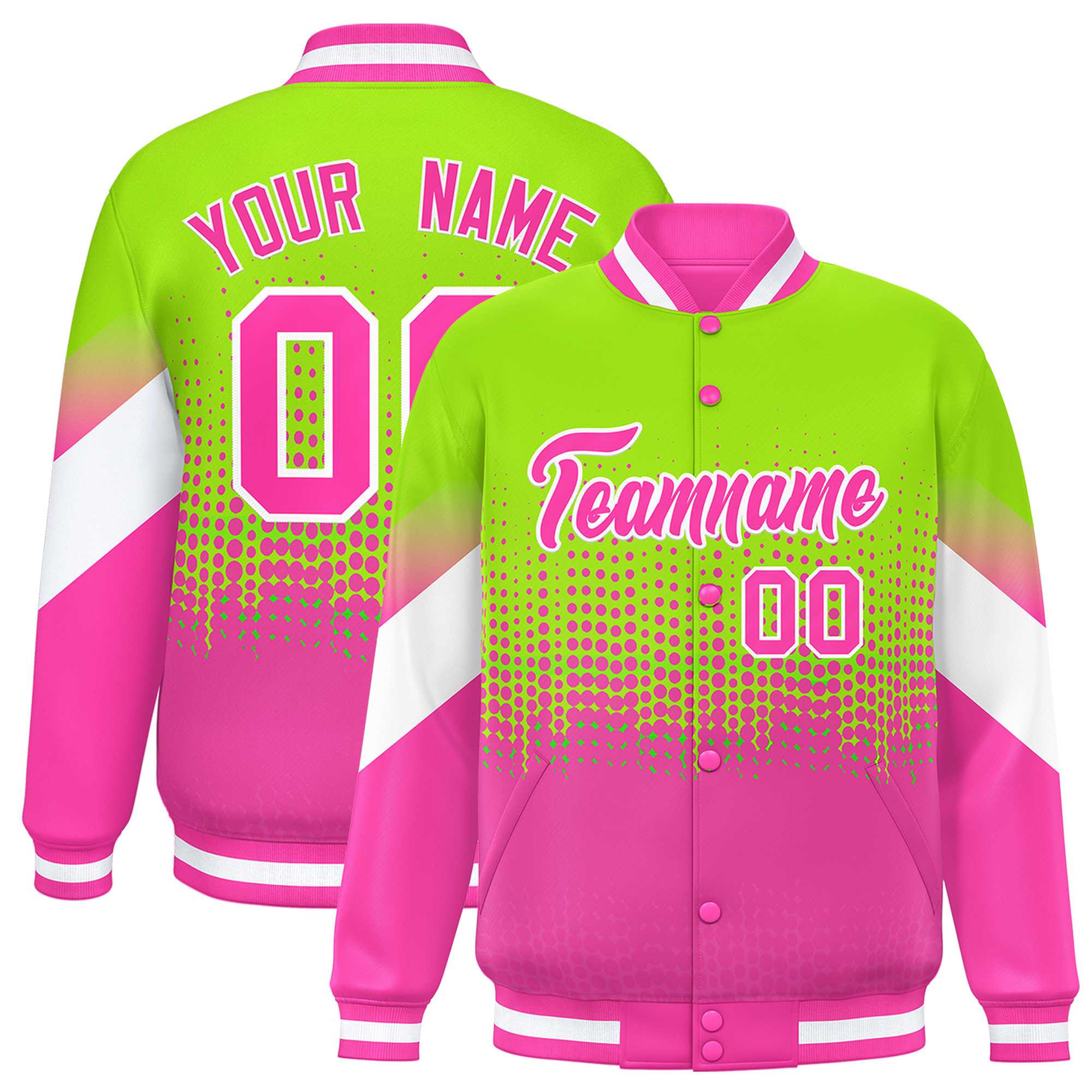 Custom Neon Green Pink Gradient Varsity Full-Snap Polka Dot Pattern Letterman Baseball Jacket