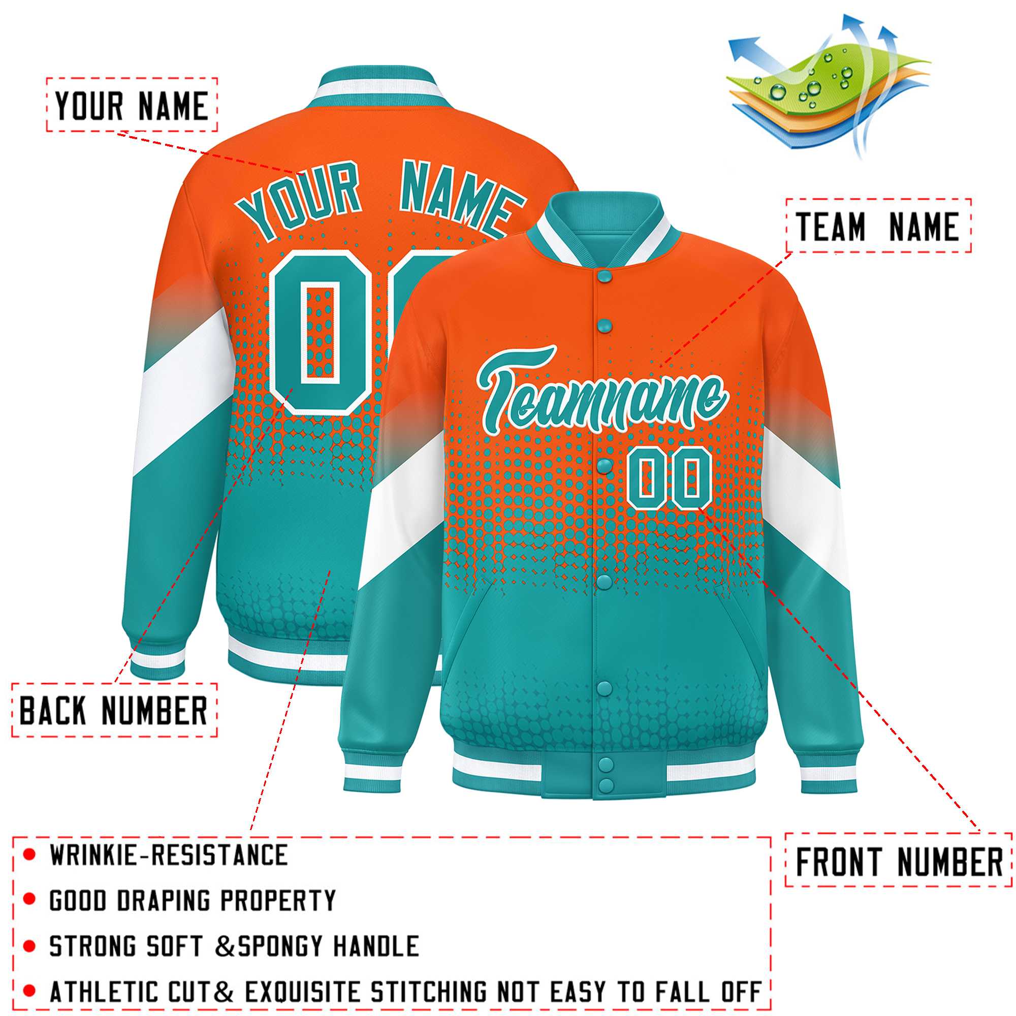 Custom Orange Aqua Gradient Varsity Full-Snap Polka Dot Pattern Letterman Baseball Jacket