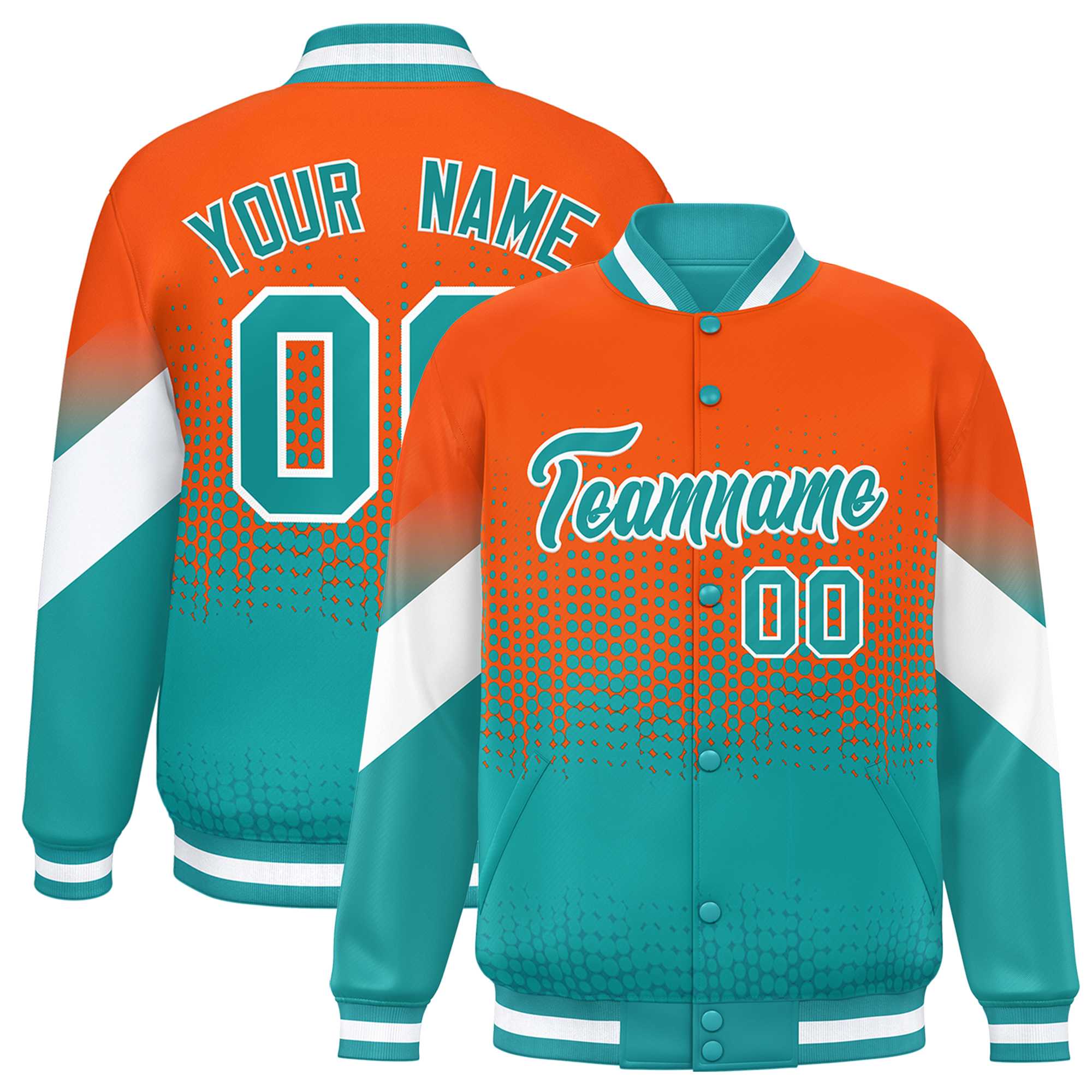 Custom Orange Aqua Gradient Varsity Full-Snap Polka Dot Pattern Letterman Baseball Jacket