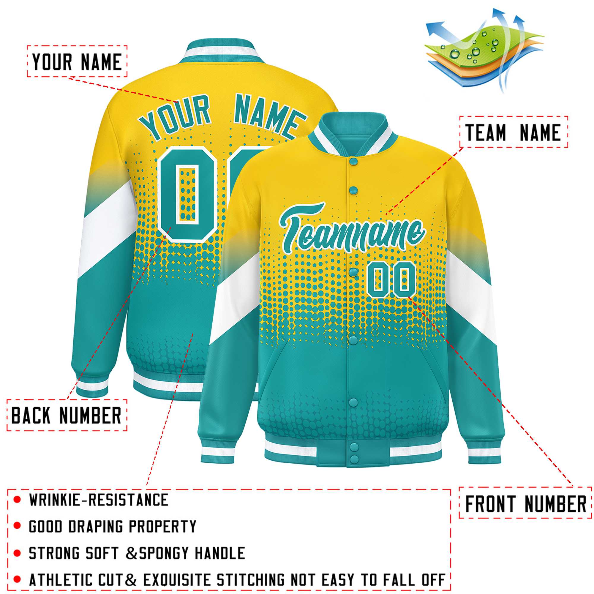 Custom Gold Aqua Gradient Varsity Full-Snap Polka Dot Pattern Letterman Baseball Jacket