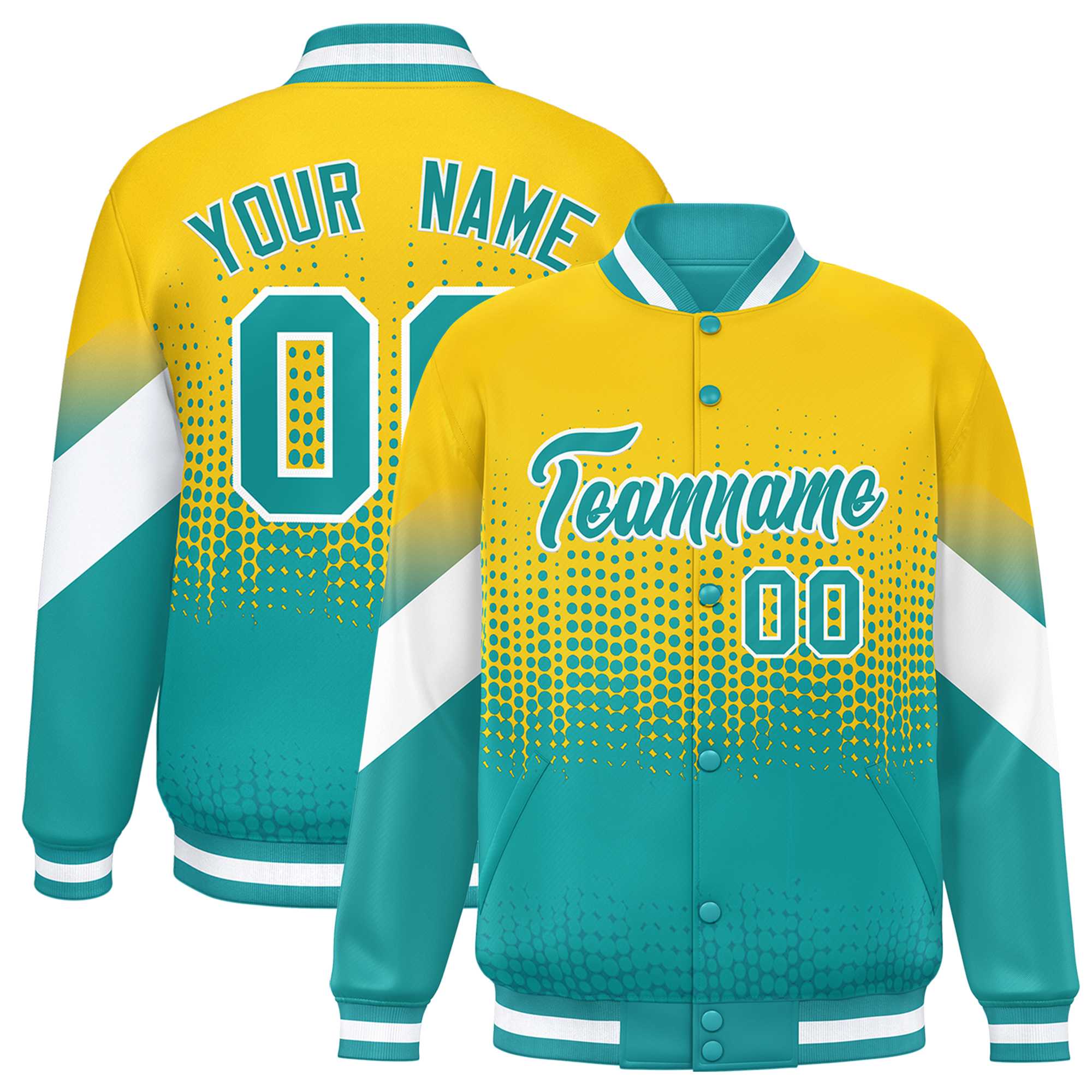 Custom Gold Aqua Gradient Varsity Full-Snap Polka Dot Pattern Letterman Baseball Jacket