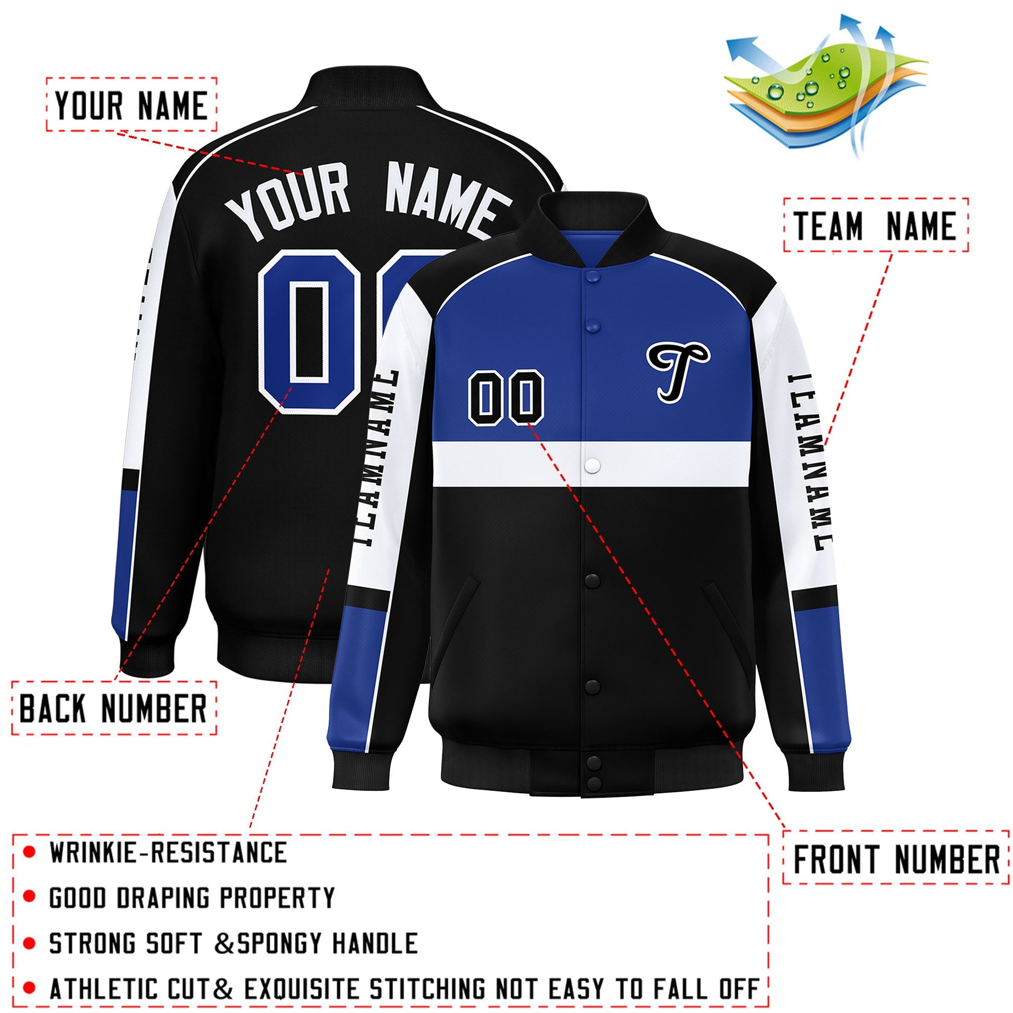 Custom Royal Black Varsity Full-Snap Raglan Sleeves Letterman Jacket