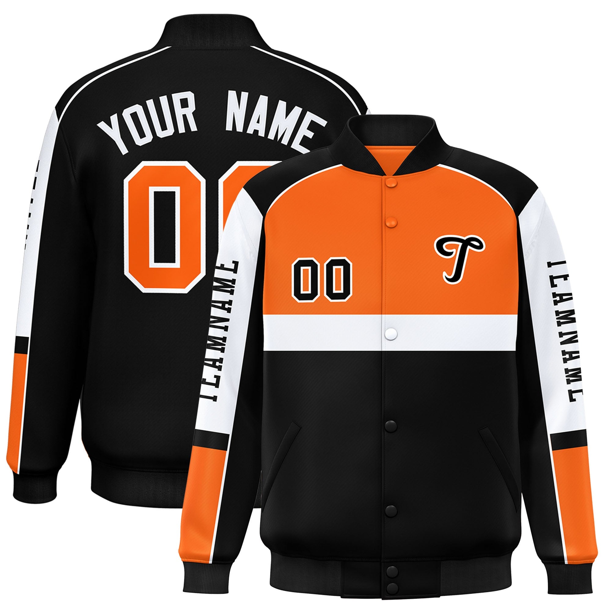 Custom Orange Black Varsity Full-Snap Raglan Sleeves Letterman Jacket