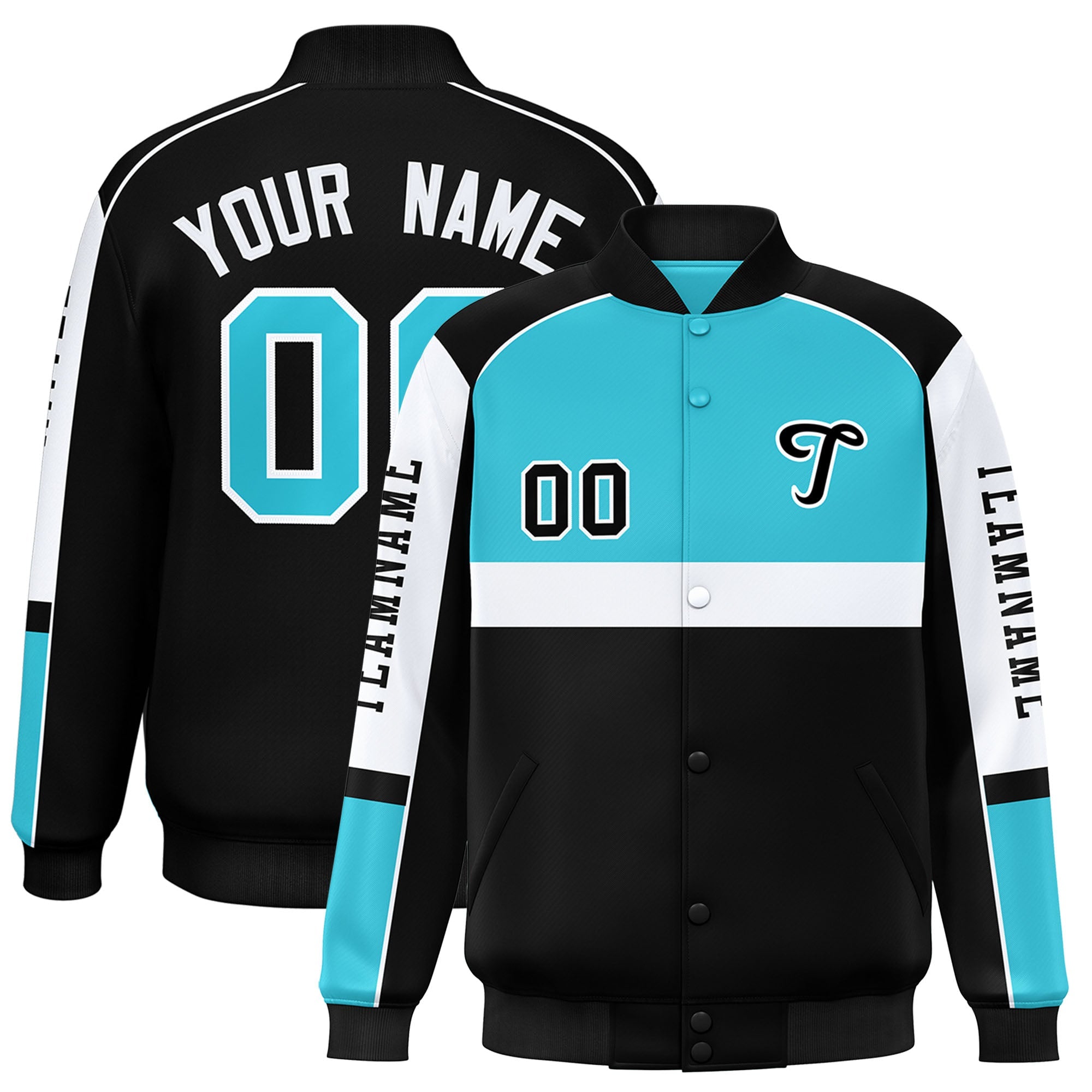 Custom Sky Blue Black Varsity Full-Snap Raglan Sleeves Letterman Jacket