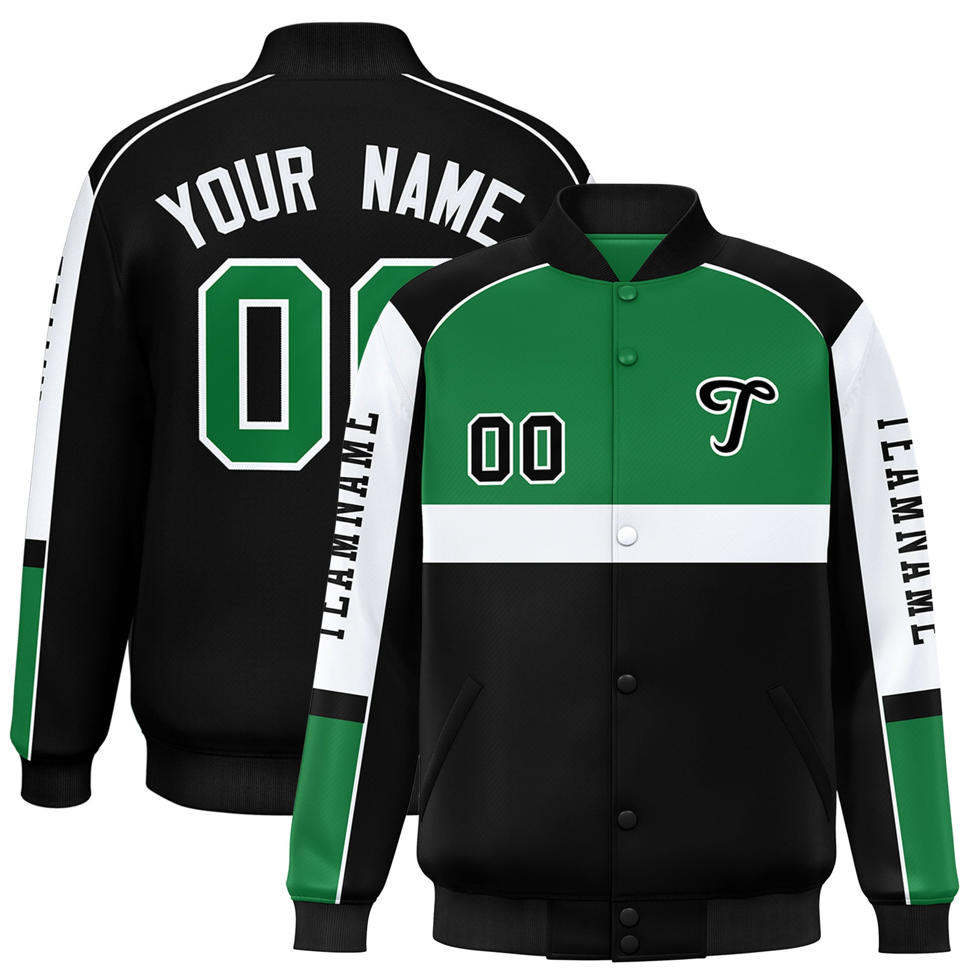 Custom Kelly Green Black Varsity Full-Snap Raglan Sleeves Letterman Jacket