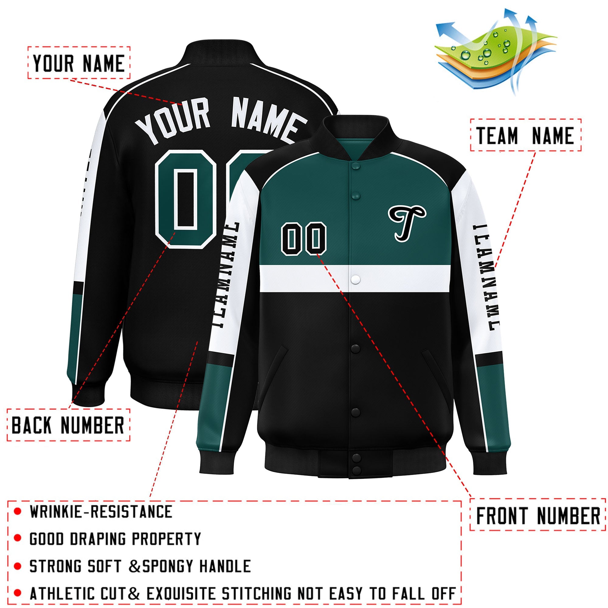 Custom Midnight Green Black Varsity Full-Snap Raglan Sleeves Letterman Jacket