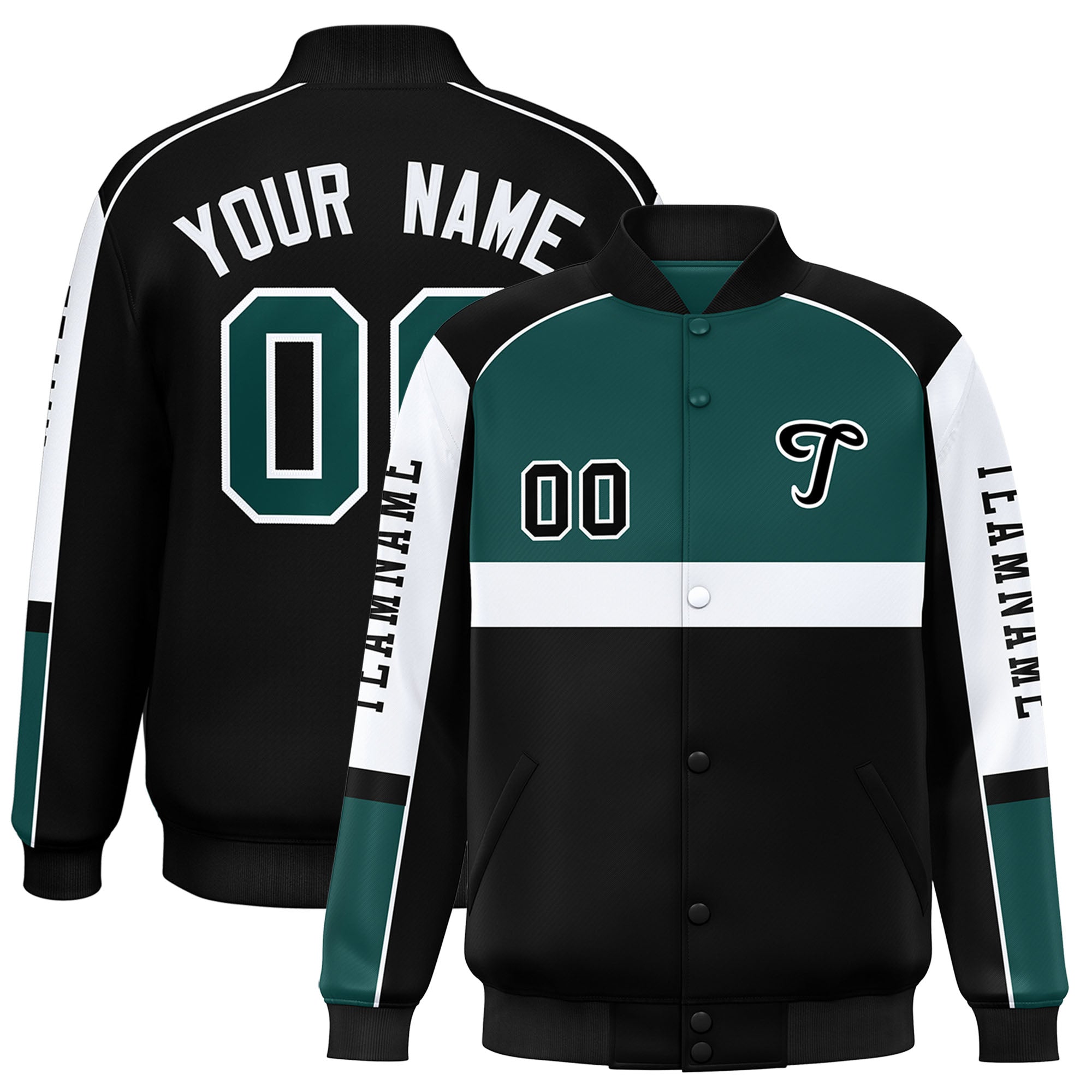 Custom Midnight Green Black Varsity Full-Snap Raglan Sleeves Letterman Jacket