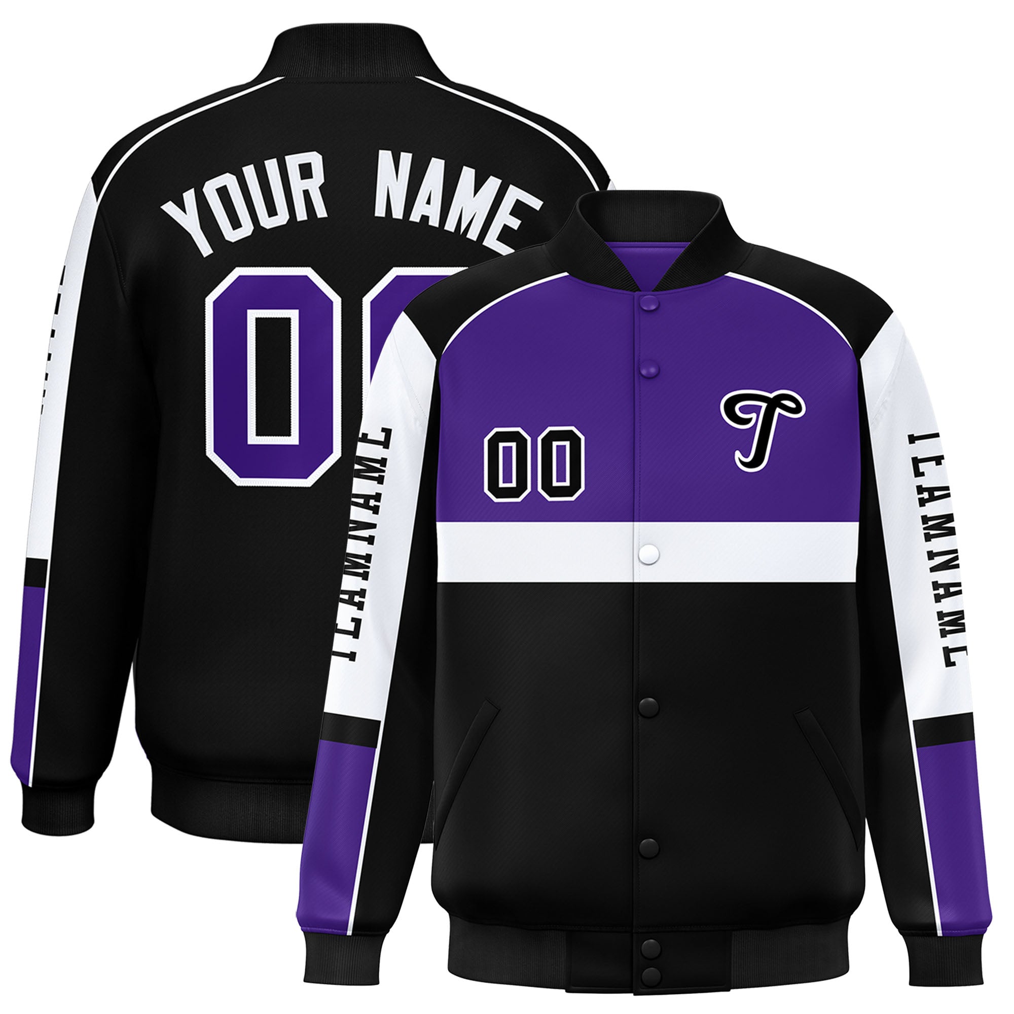 Custom Purple Black Varsity Full-Snap Raglan Sleeves Letterman Jacket