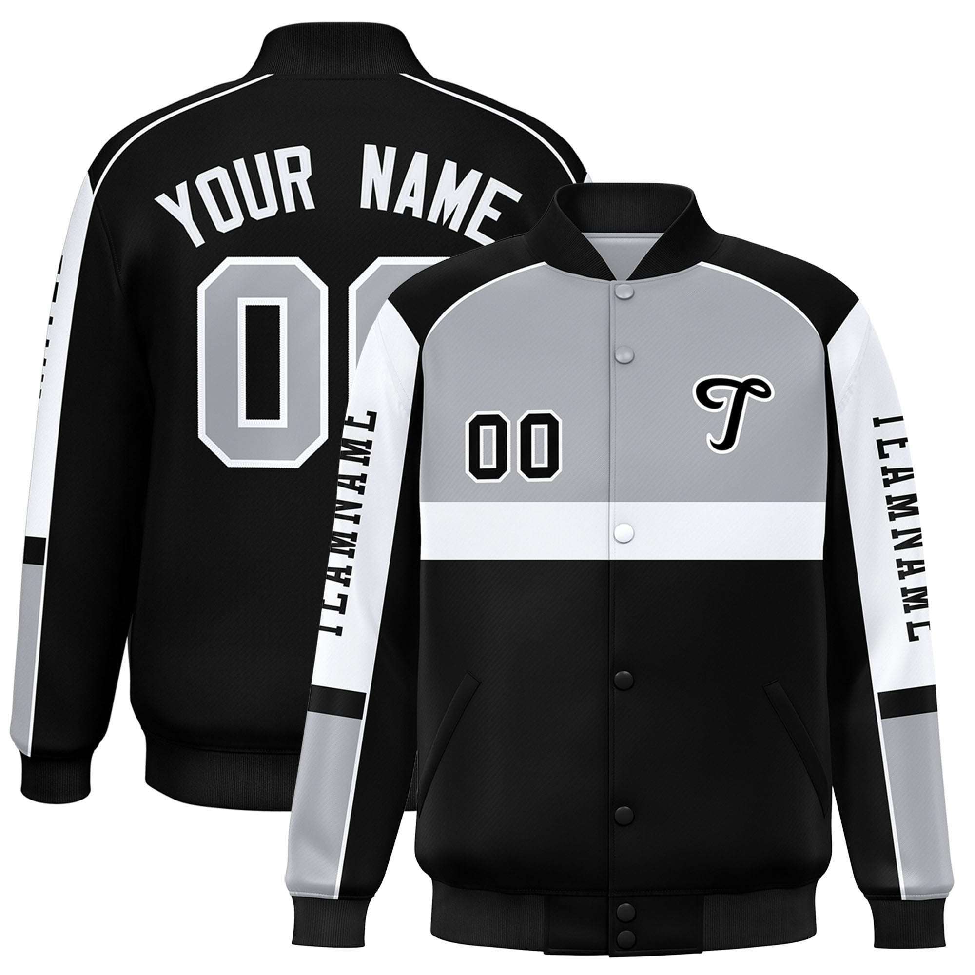 Custom Gray Black Varsity Full-Snap Raglan Sleeves Letterman Jacket