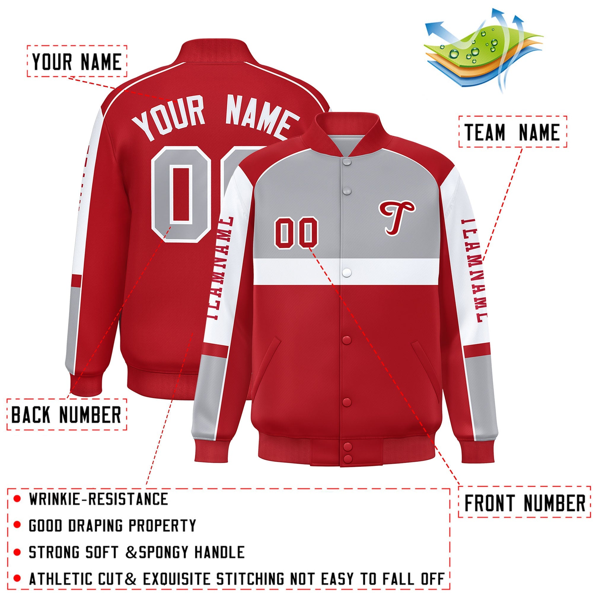 Custom Gray Red Varsity Full-Snap Raglan Sleeves Letterman Jacket