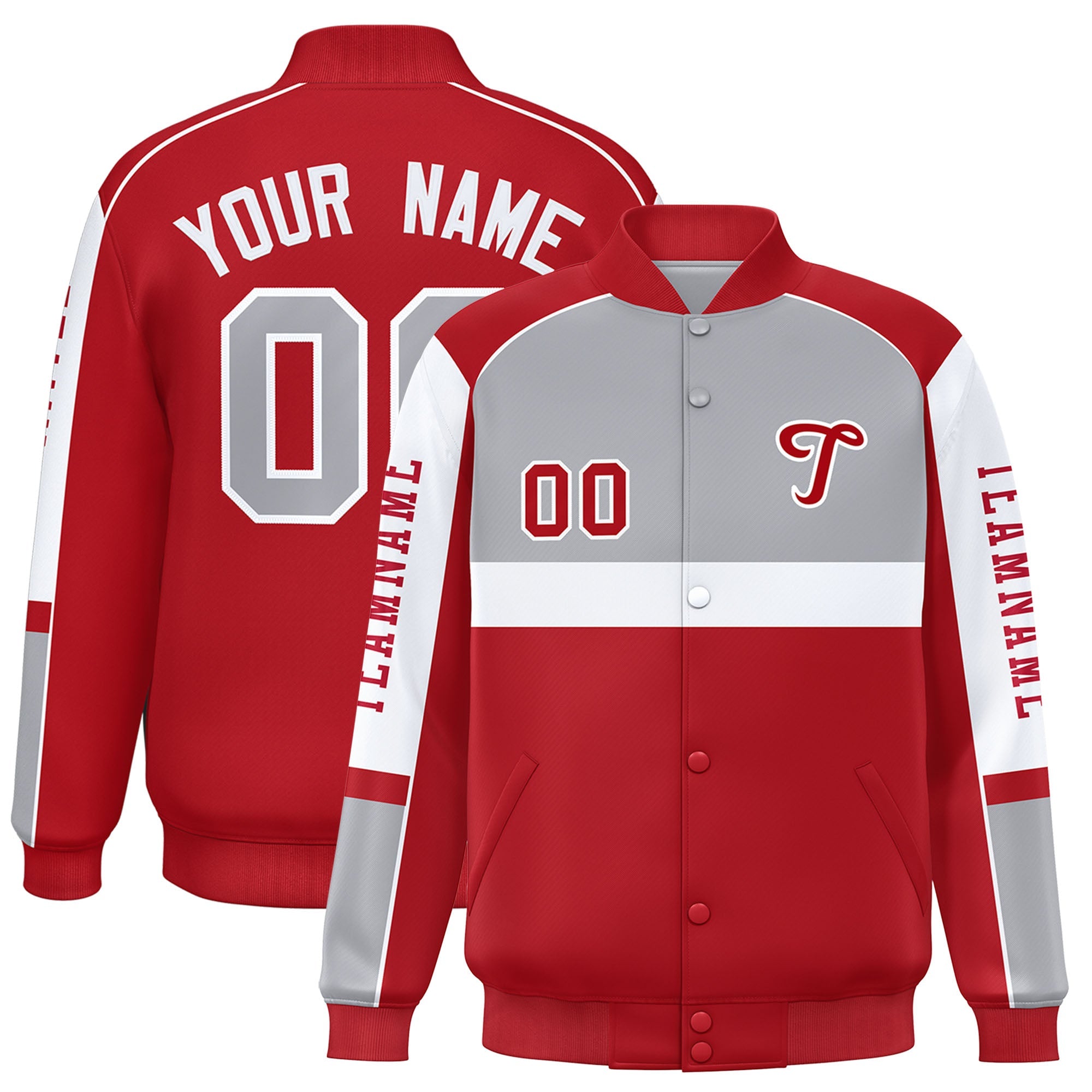 Custom Gray Red Varsity Full-Snap Raglan Sleeves Letterman Jacket