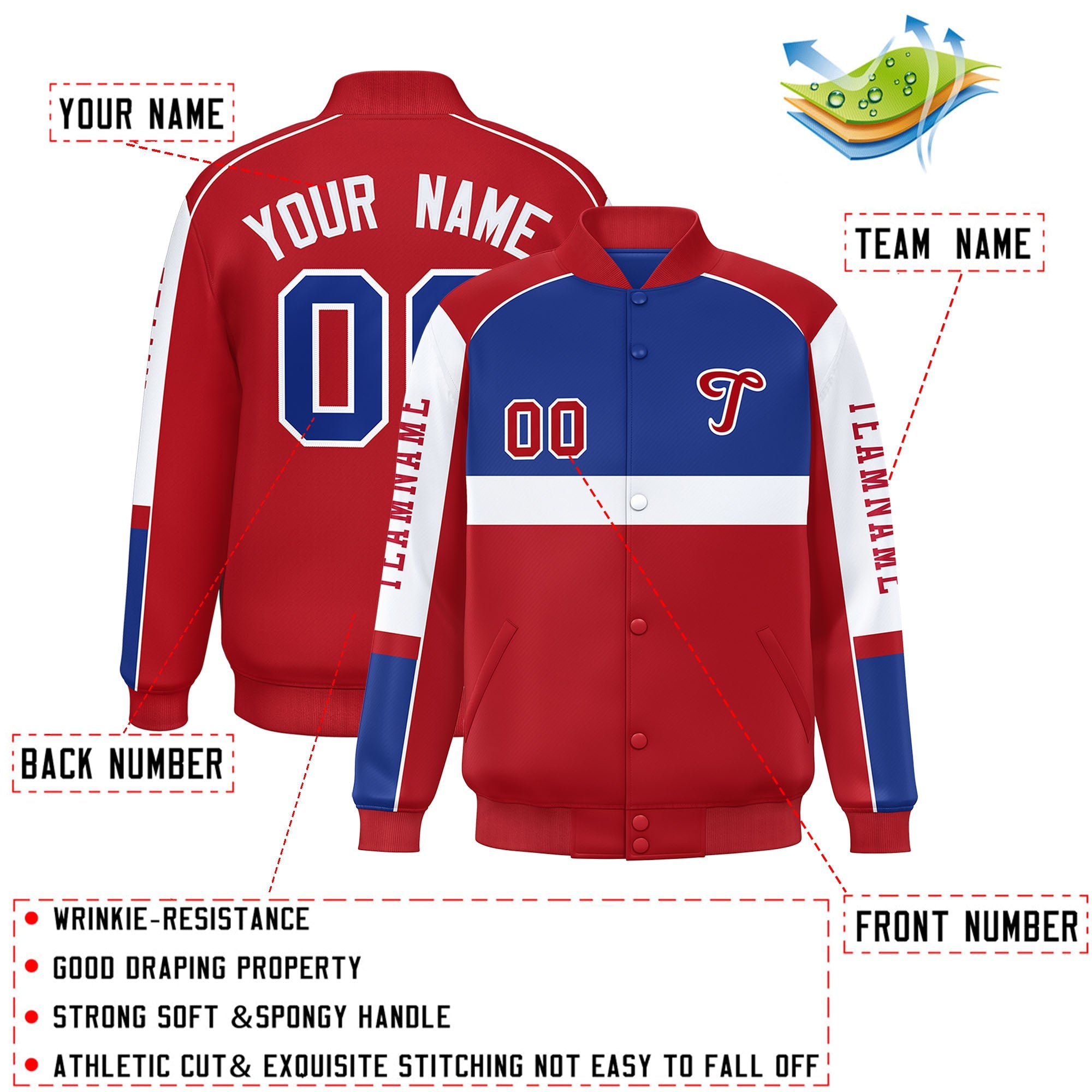 Custom Royal Red Varsity Full-Snap Raglan Sleeves Letterman Jacket