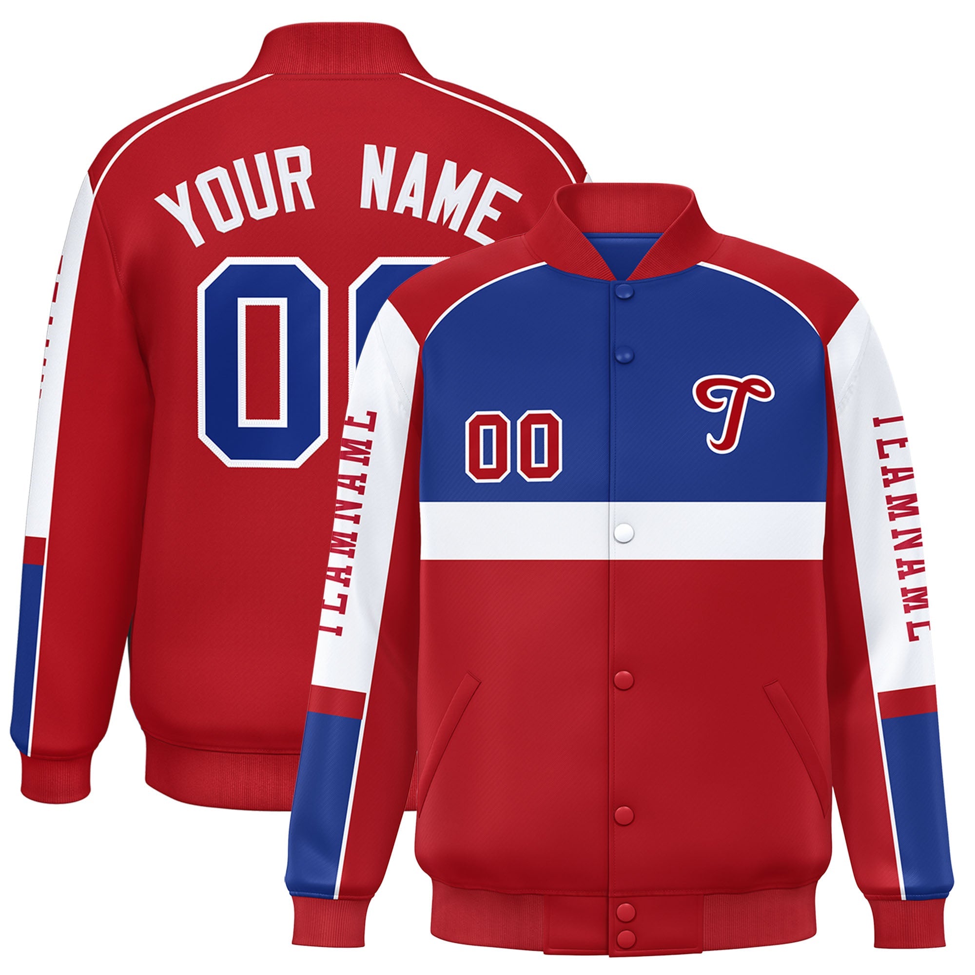 Custom Royal Red Varsity Full-Snap Raglan Sleeves Letterman Jacket