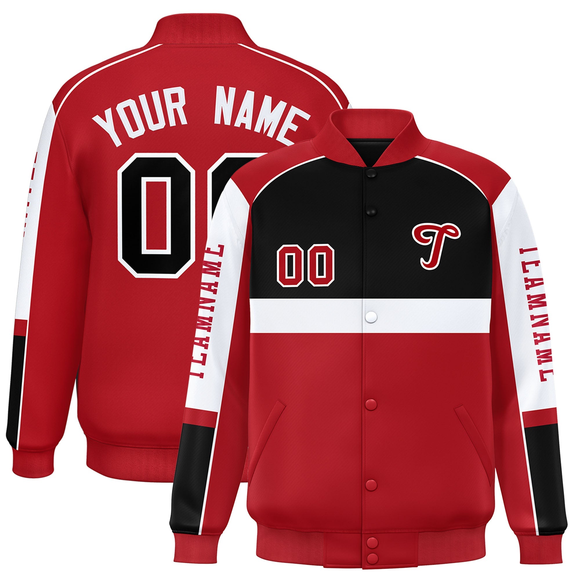 Custom Black Red Varsity Full-Snap Raglan Sleeves Letterman Jacket