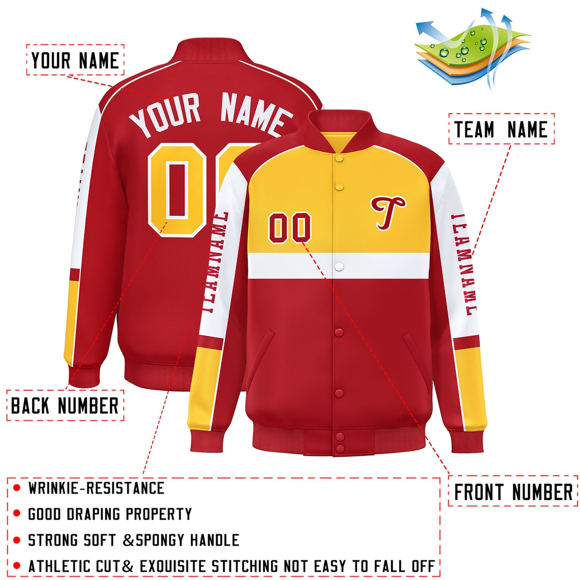 Custom Yellow Red Varsity Full-Snap Raglan Sleeves Letterman Jacket